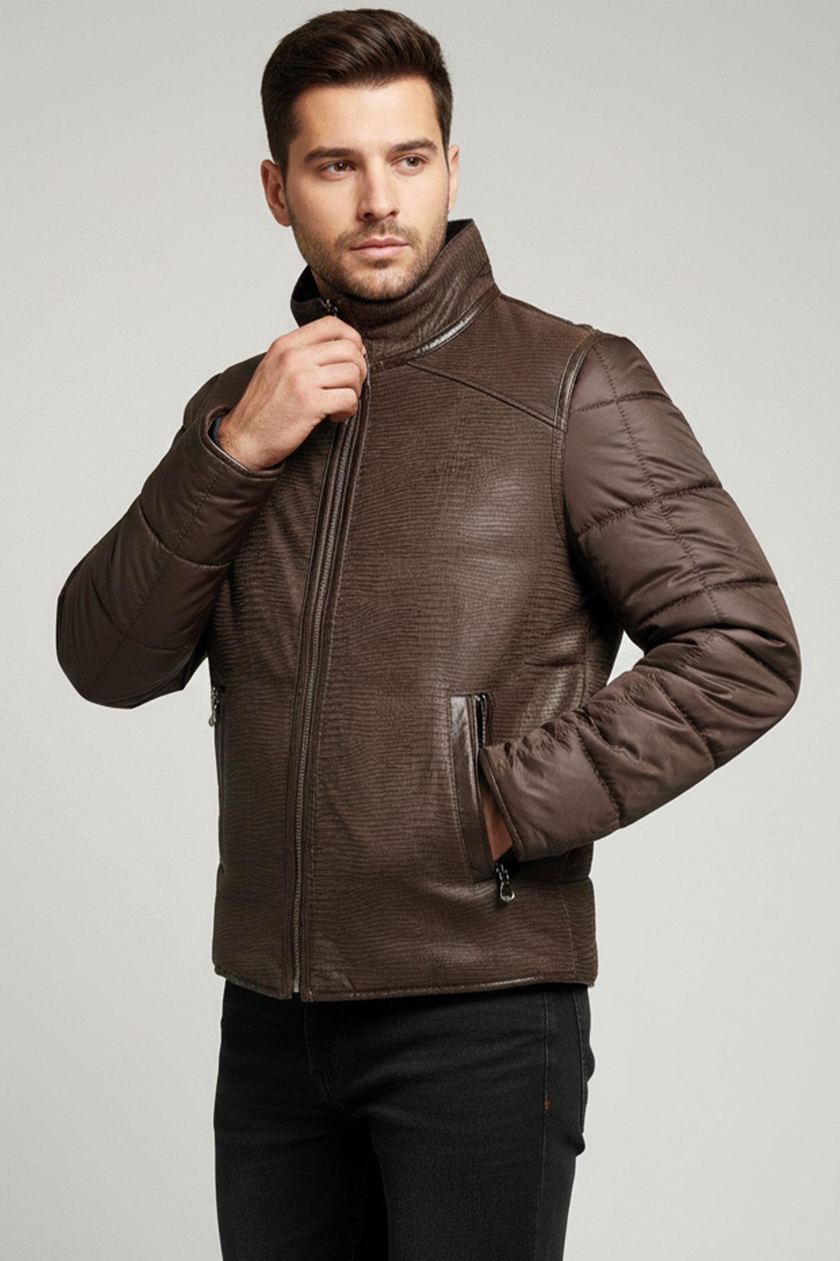 Kahve James Yaka Kürk Arka Beden ve Kollar Kapitone Kumaş Fermuarlı Astarsız Erkek Hakiki Deri Mont