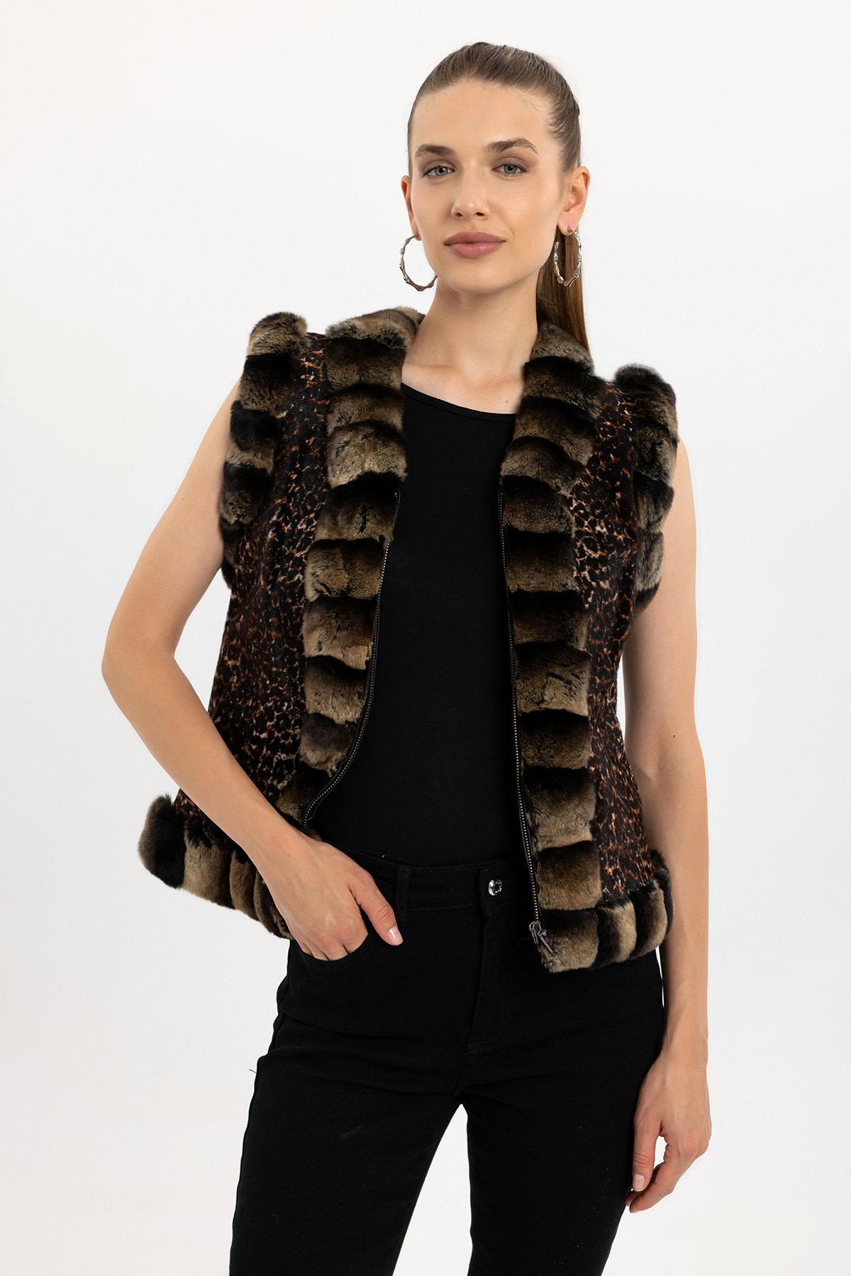 Kahve Kadın Leopar Tüylü Hakiki Deri Yelek