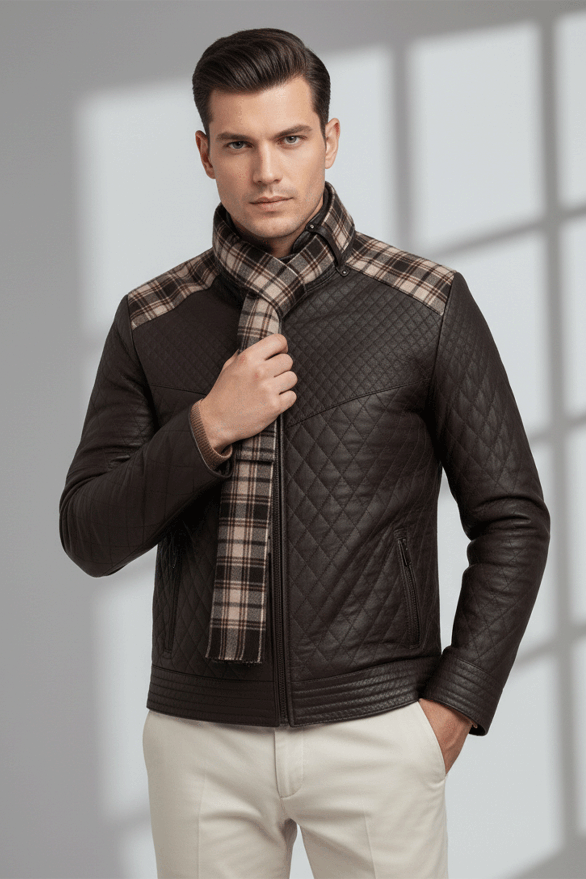 Kahve Steven Erkek Şallı Kapitone Hakiki Deri Mont