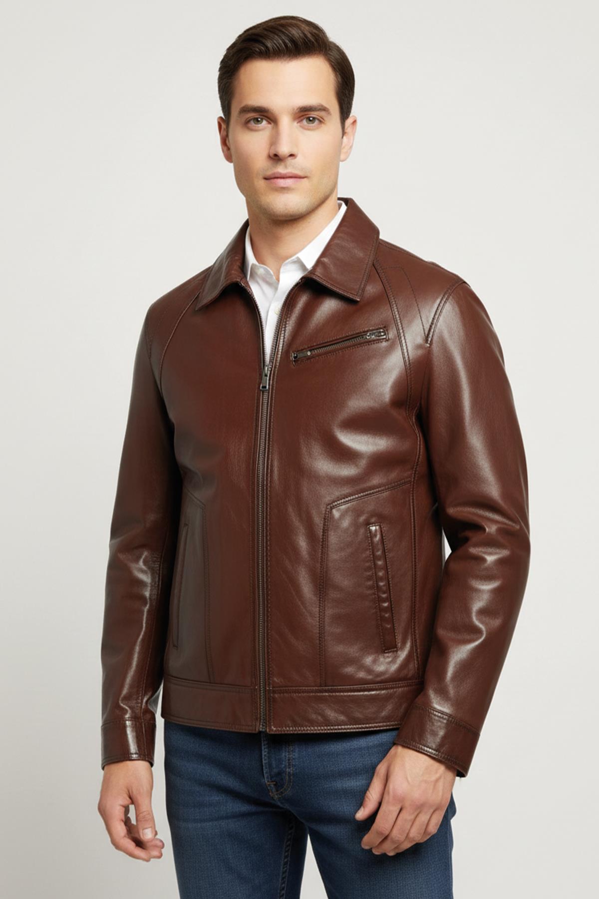 Kahverengi Dik Yaka Fermuarlı Göğüs Cepli Erkek Hakiki Deri Ceket