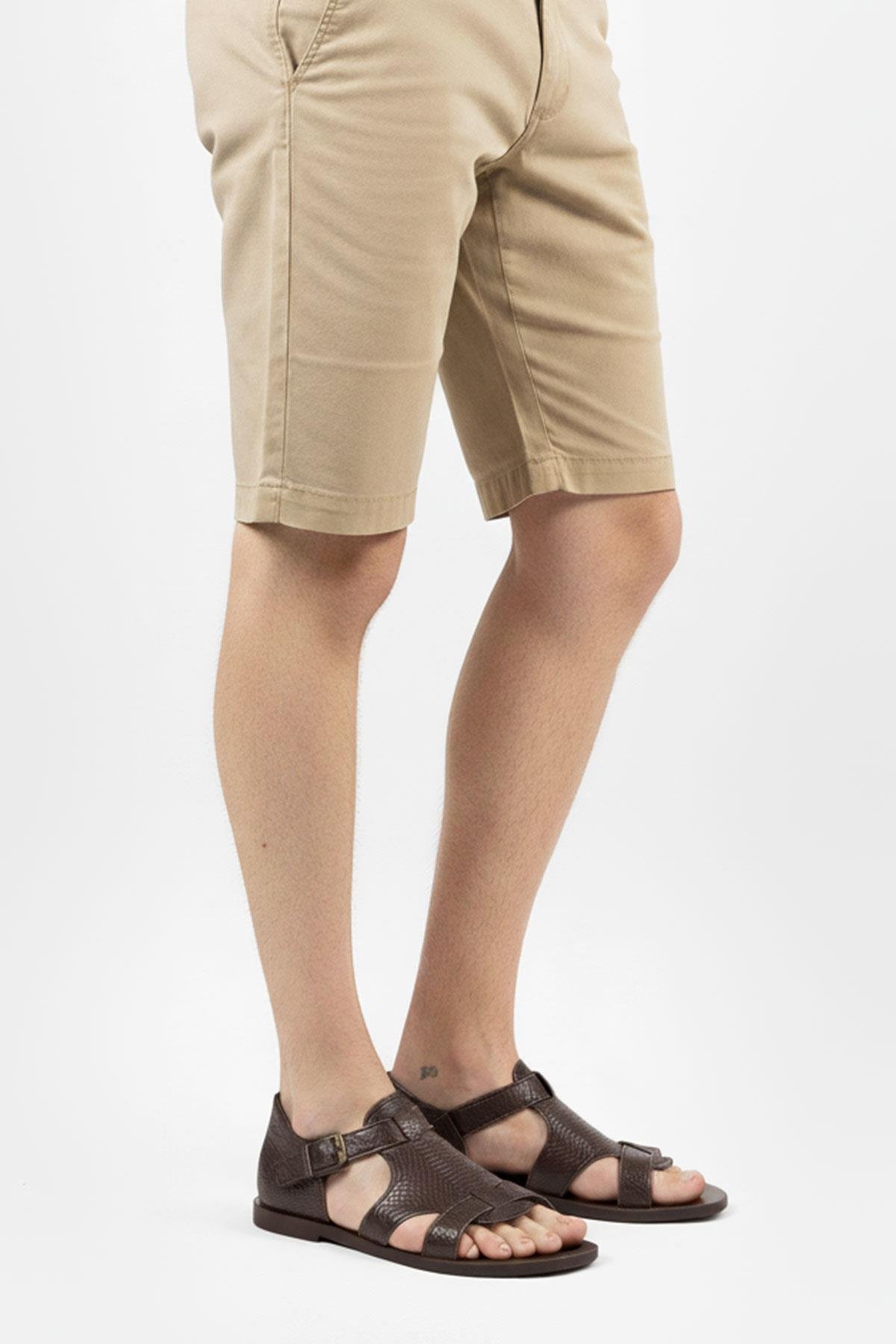 Kahverengi Erkek Hakiki Deri El Örgüsü Sandalet 