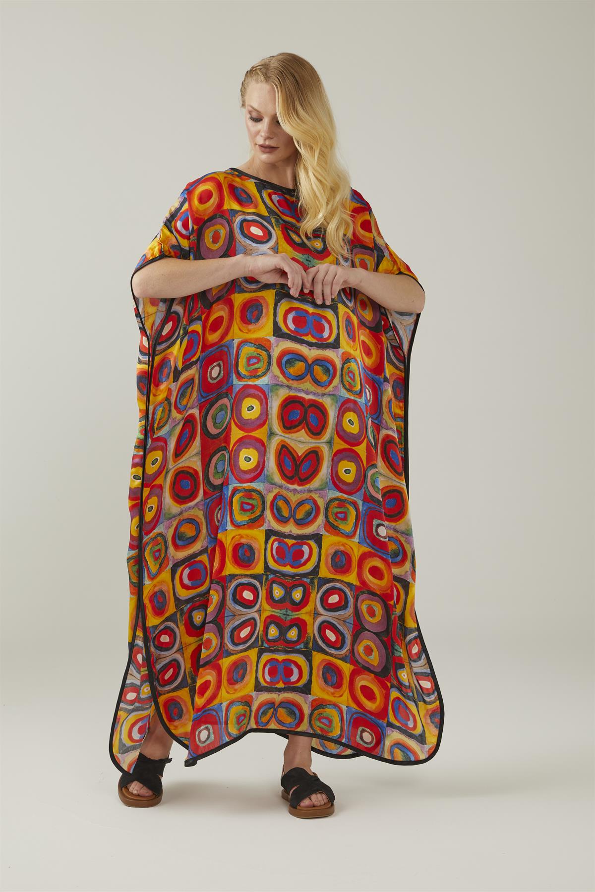 KANDİNSKY SQUARES WITH CIRCLES SILK DRESS