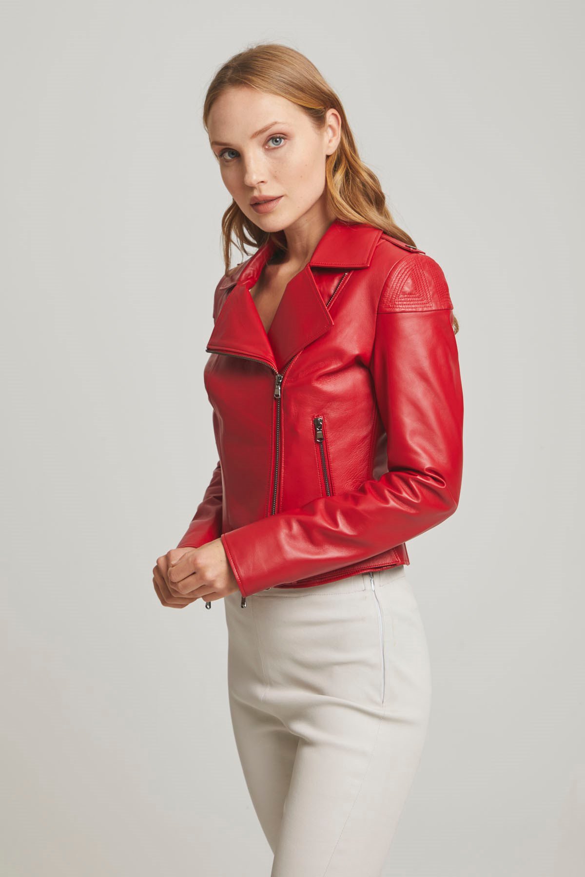Kırmızı Ella Kadın Deri Ceket | Gerçek Deri Gerçek Moda | Deriderim