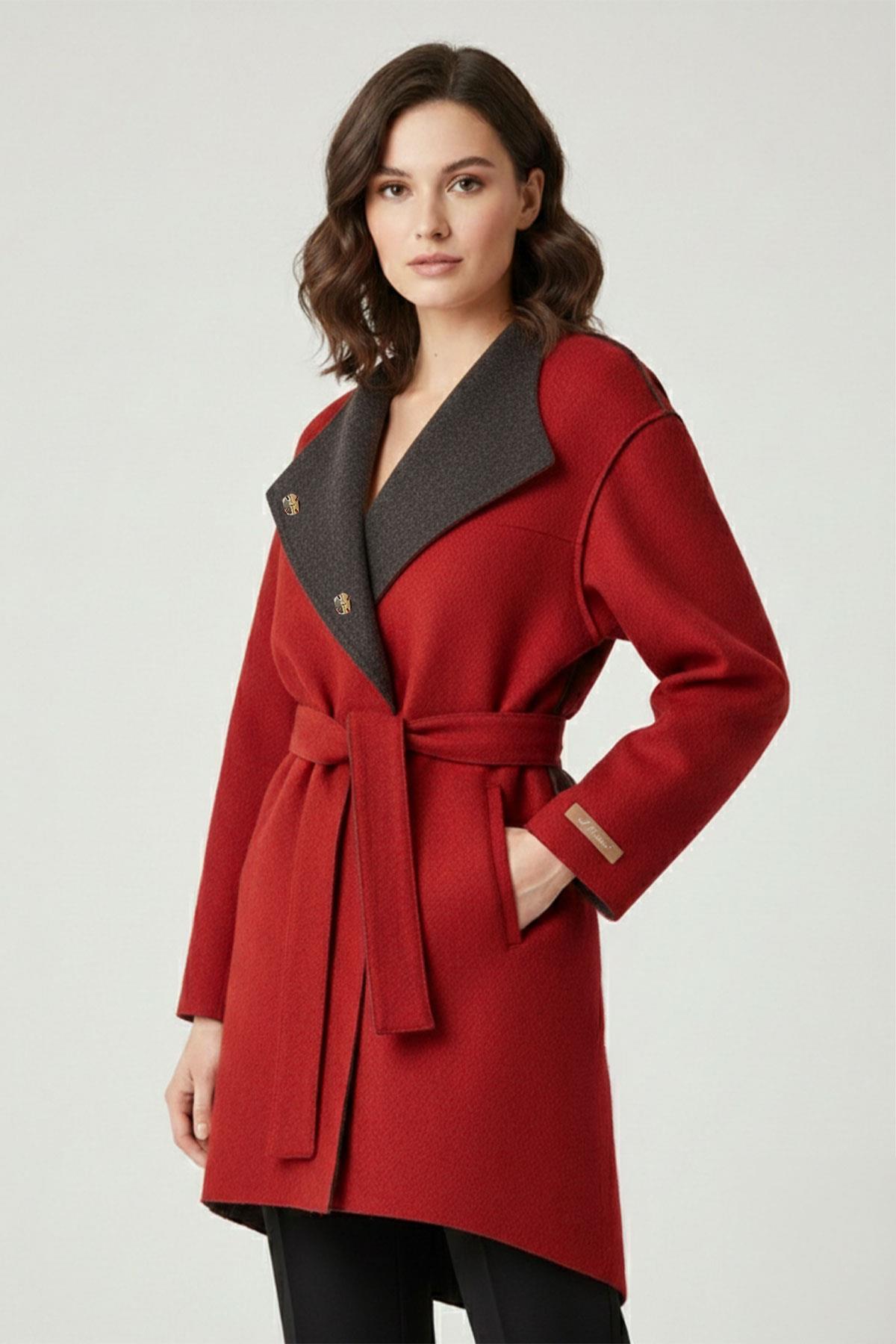 Kırmızı İçi Siyah Astarsız Sıfır yaka Kemerli Hafif ve Sıcak tutan Rosa Kadın Alpaka Tüyünden Kaban