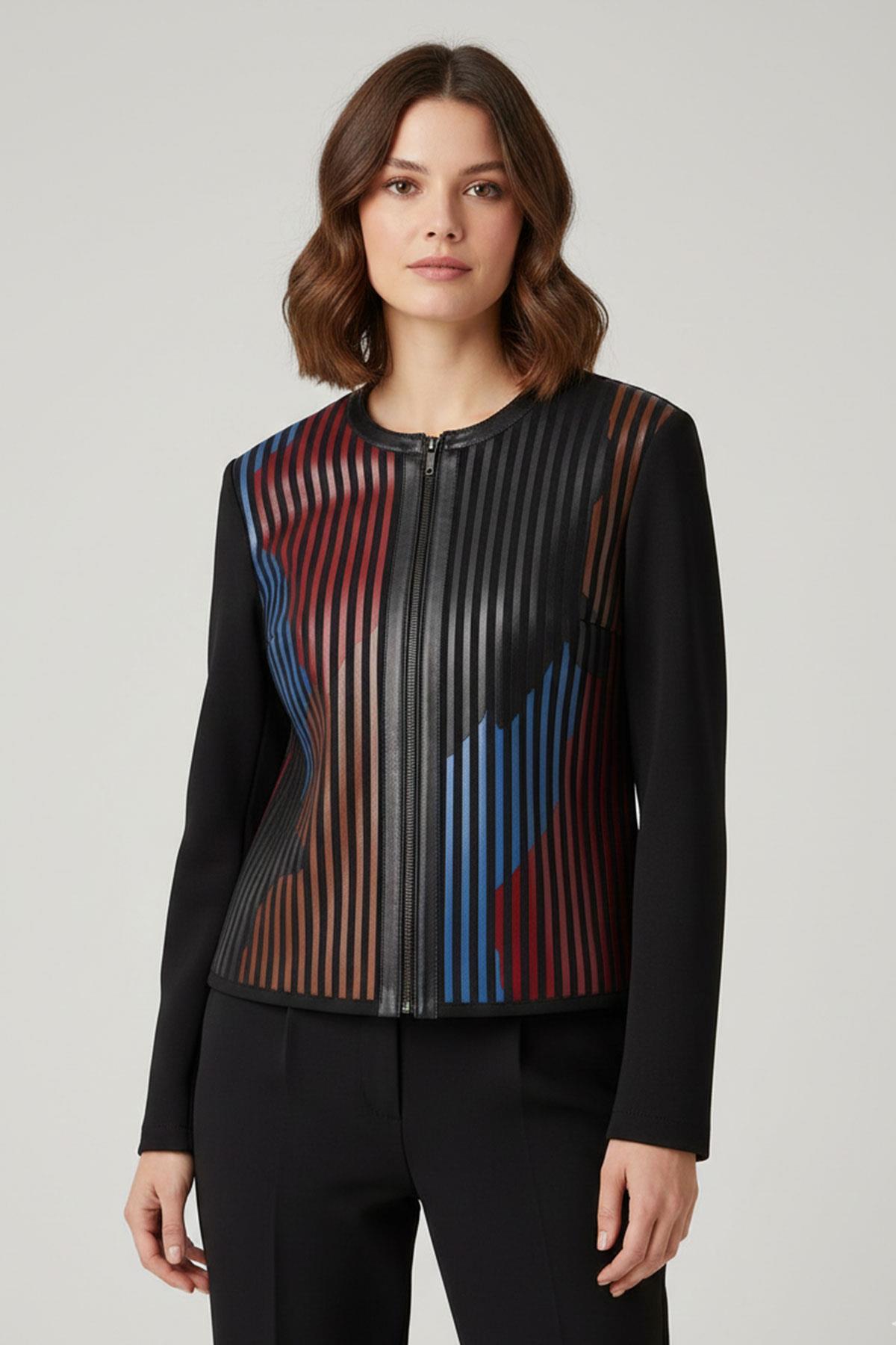 Kırmızı Kahve Mavi Lona Tül Üzerine Çizgili Deri Baskılı Kadın Hakiki Deri Ceket