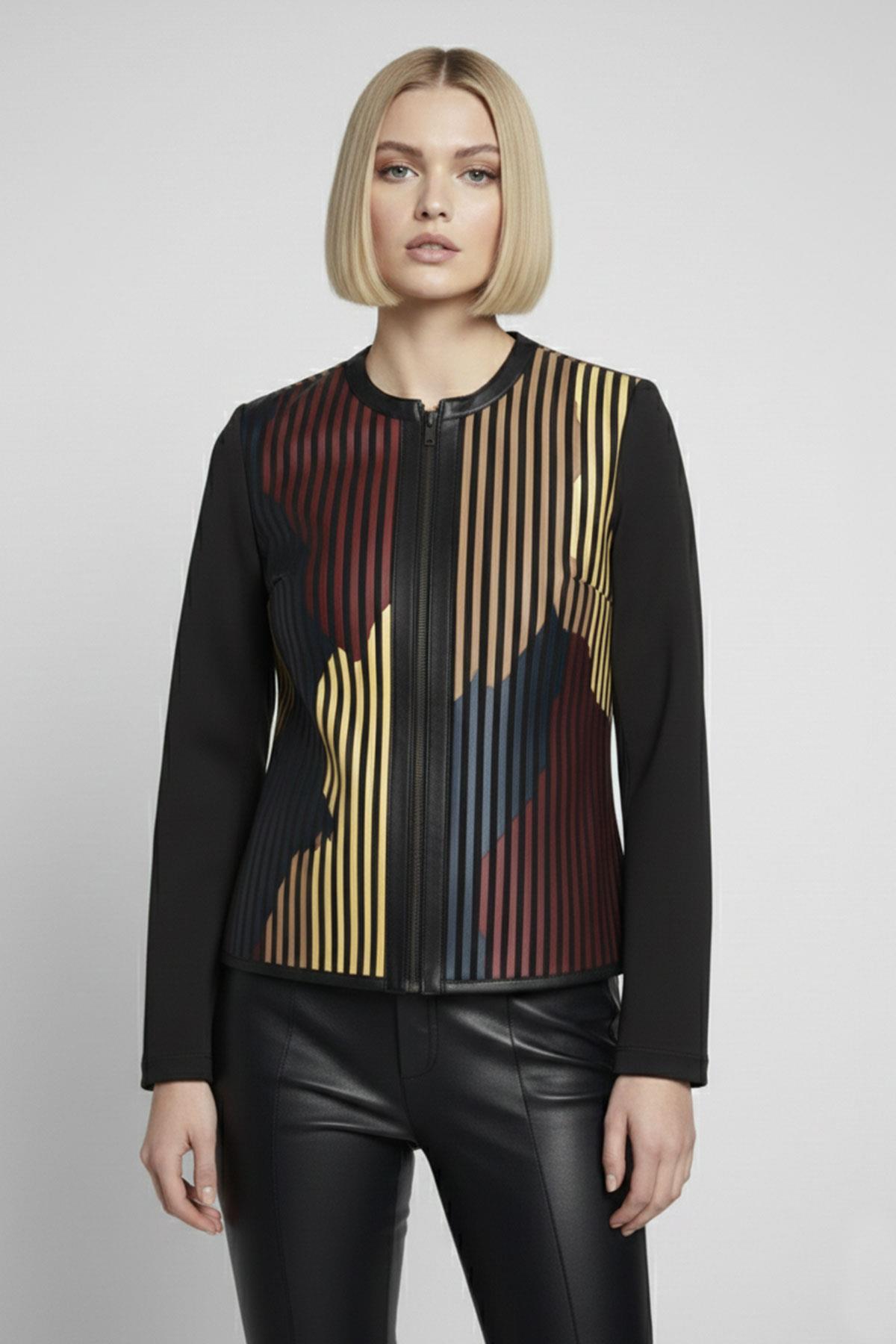 Kırmızı Sarı Taba Lona Tül Üzerine Çizgili Deri Baskılı Kadın Hakiki Deri Ceket