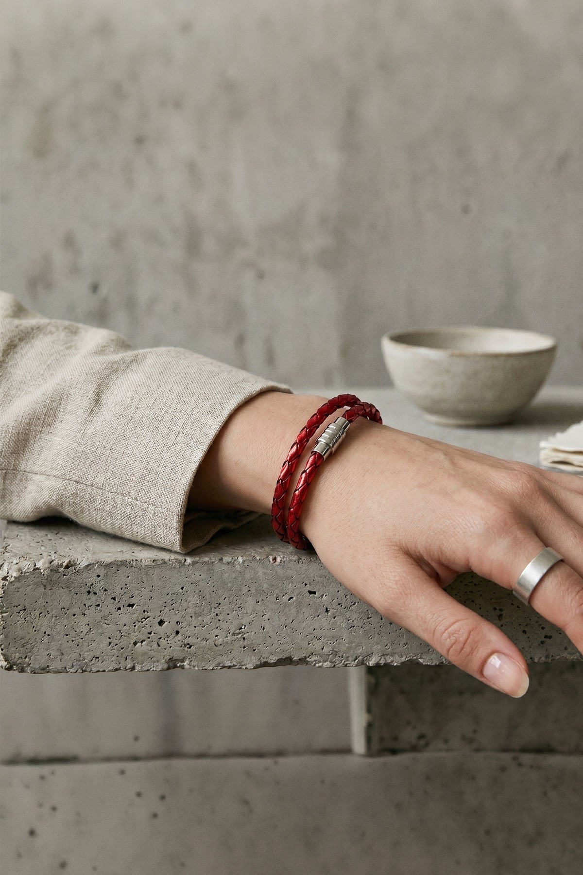 Red Black Knitted Leather Bracelet