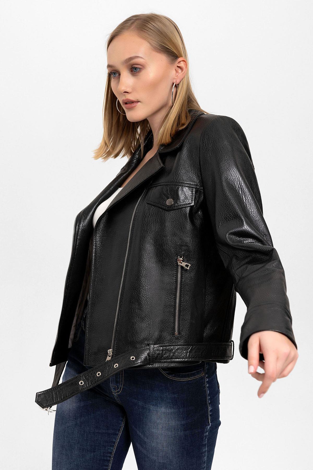 Kity Siyah Biker Motorcu Yandan Fermuarlı Kadın Hakiki Deri Mont