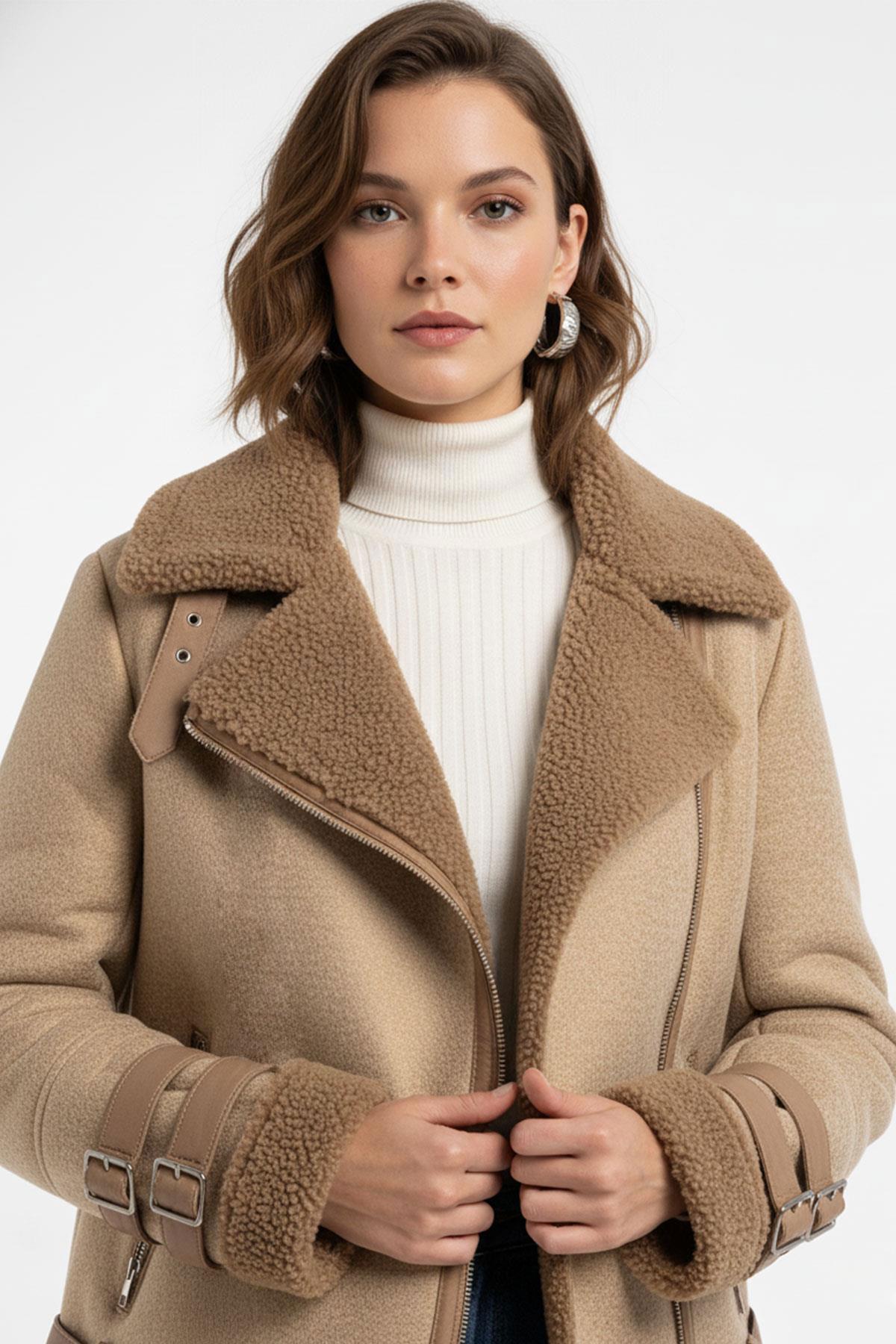 Kopen Hakiki Kuzu Kürkü Fermuarlı Biker Kadın Kaban