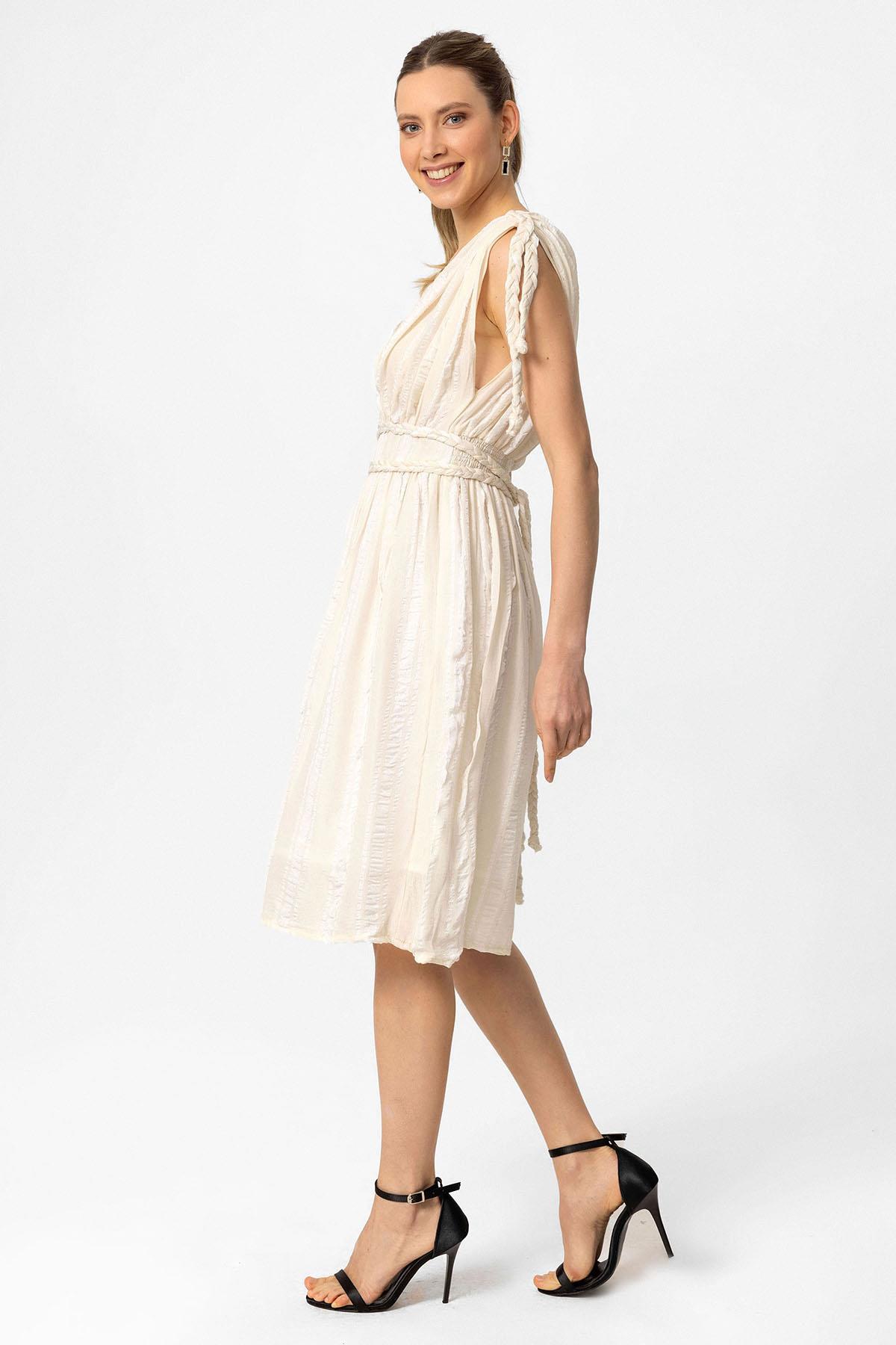 Krem Şile Bezi Askılı Kısa Helen Yazlık Astarsız Plaj Pamuklu Elbise