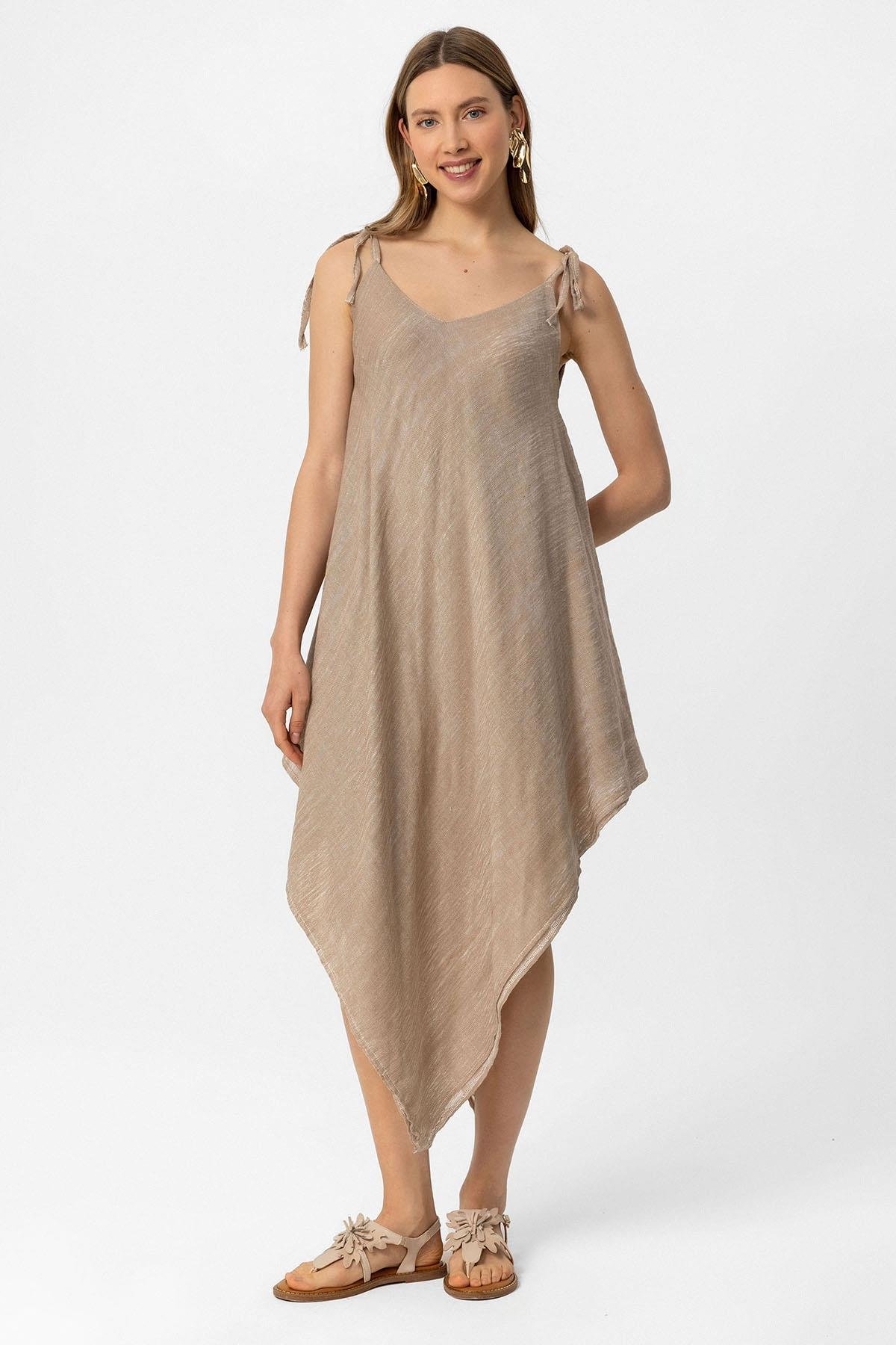 Krem Şile Bezi Askılı Kolsuz Asimetrik Yazlık Astarsız Plaj Pamuklu Elbise
