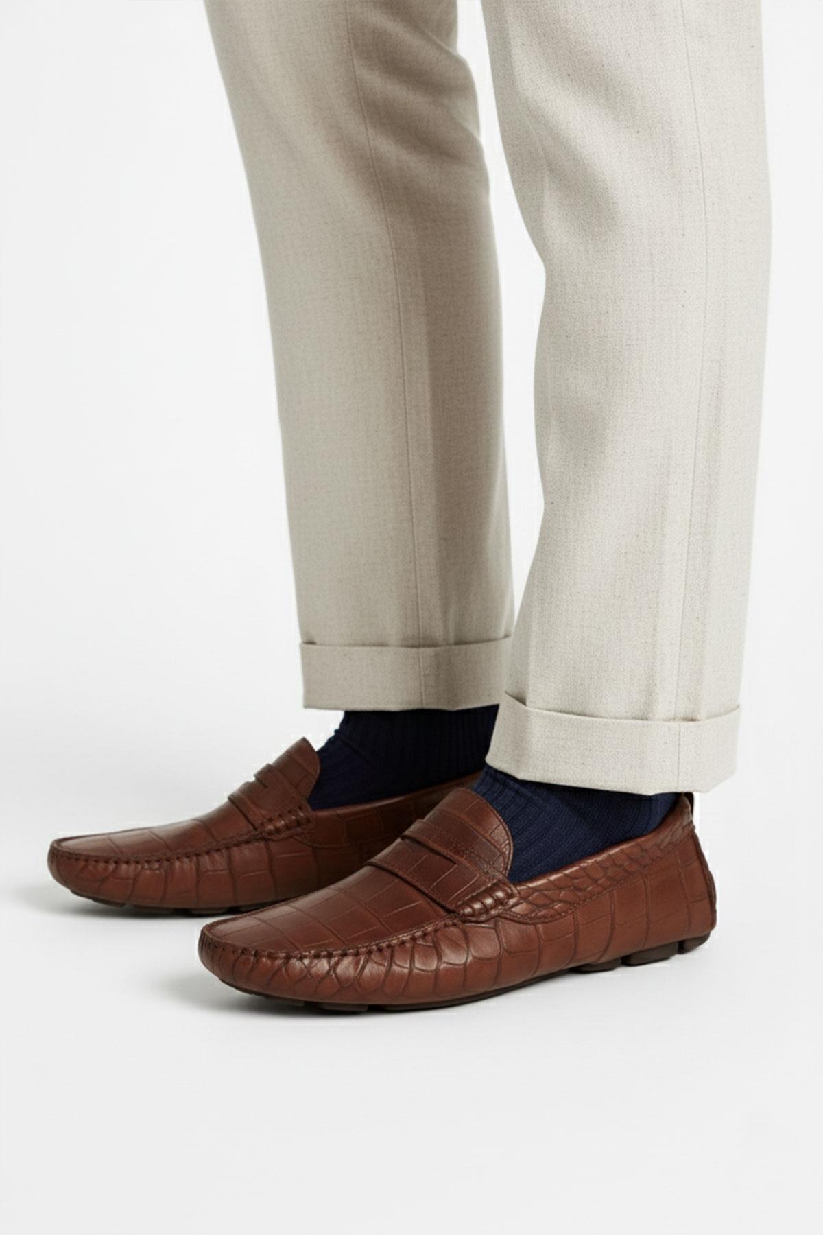 Kroko Desenli Kahverengi Hakiki Deri Erkek Ayakkabı