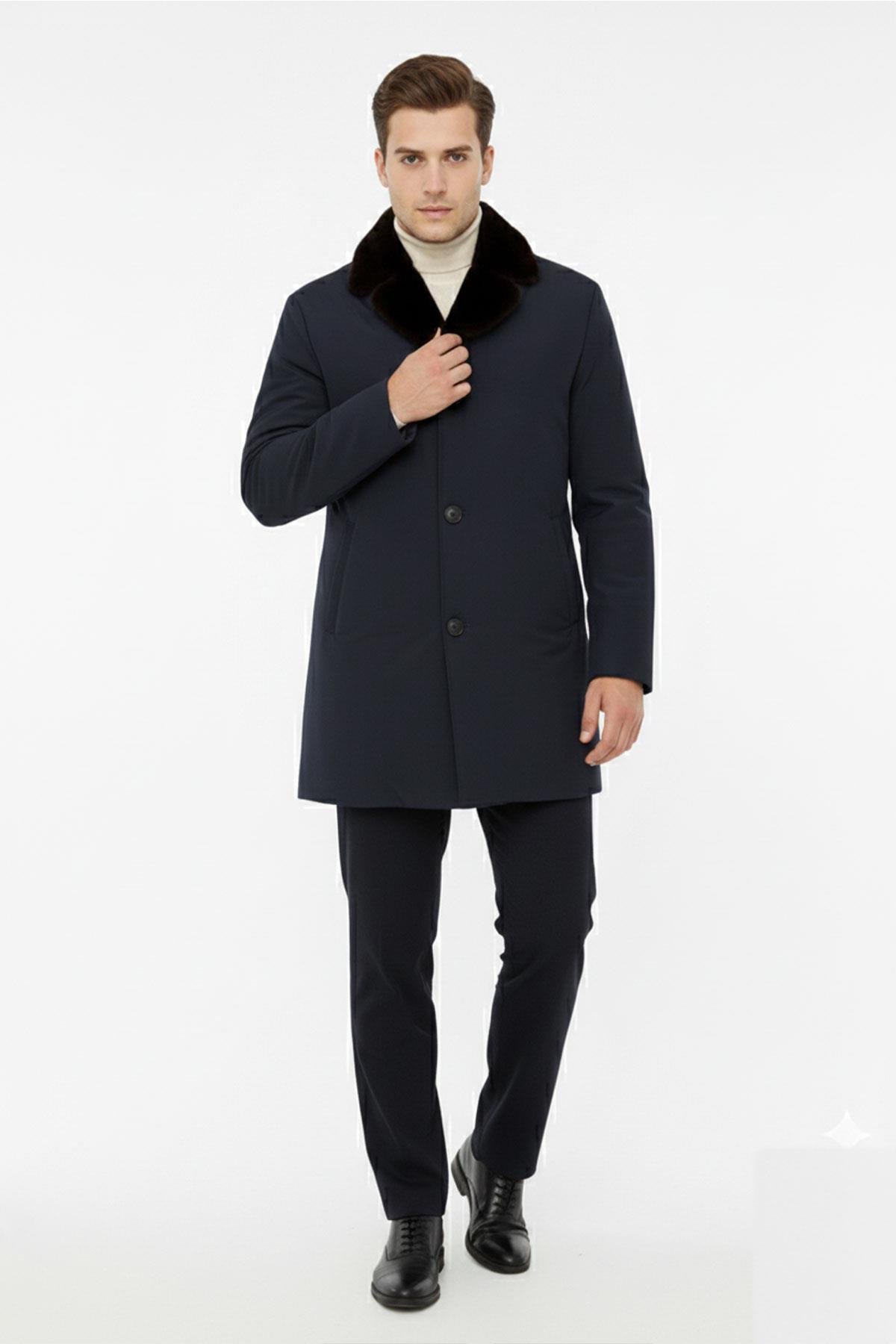Lacivert Kumaş Hugo Yakası Kürk Erkek Kaban