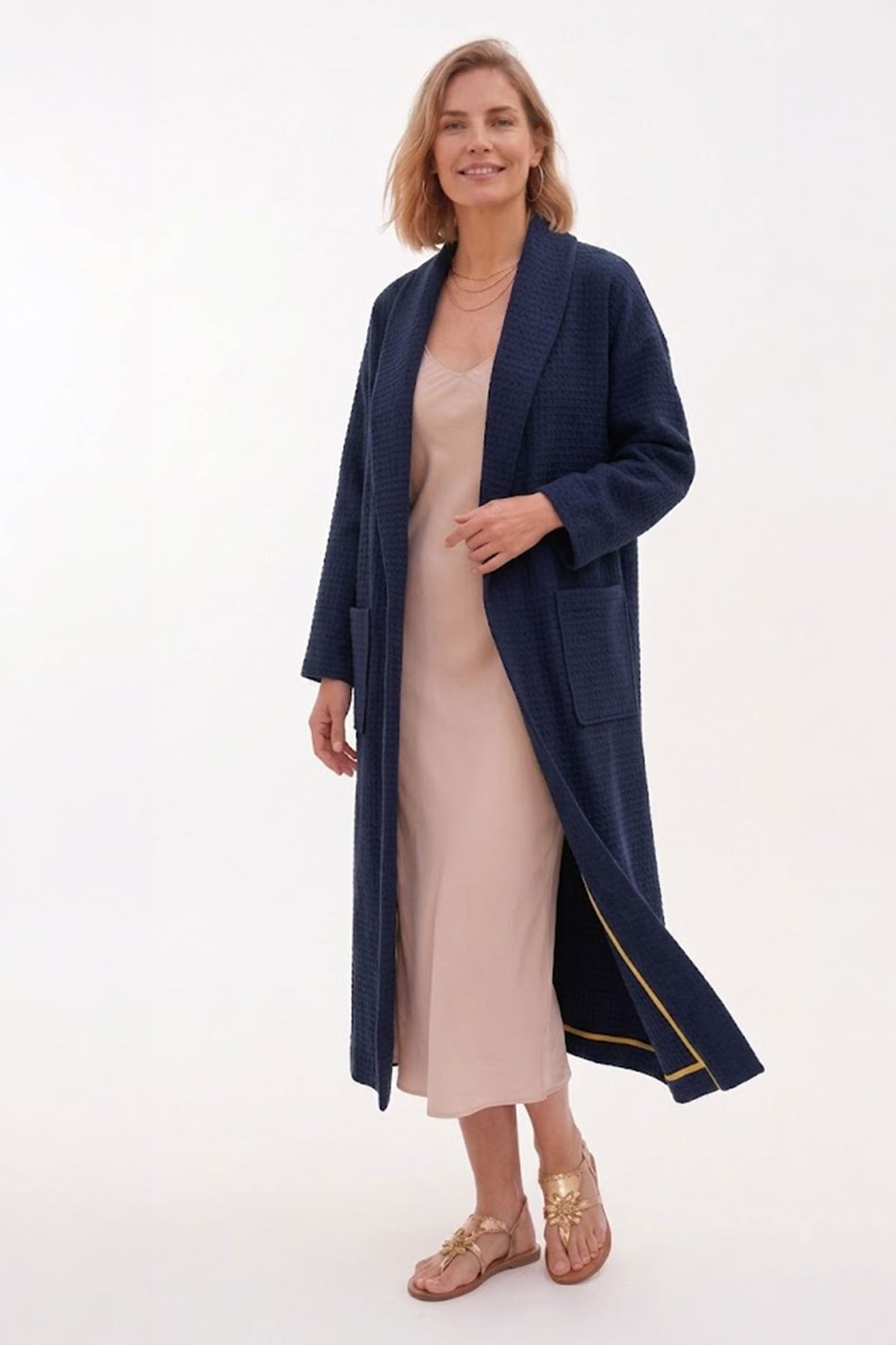 Lacivert Şal Yaka Uzun Dokulu Kaftan