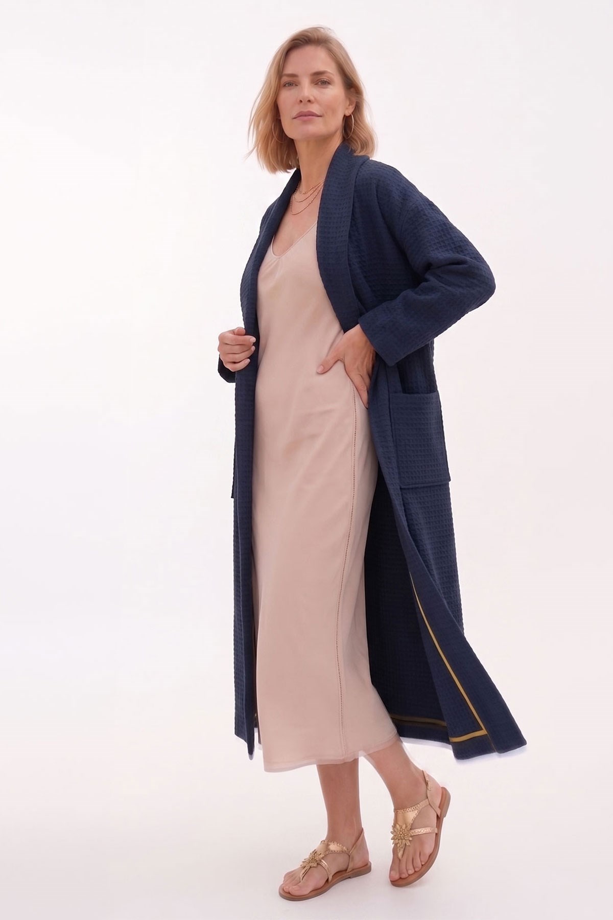 Lacivert Şal Yaka Uzun Dokulu Kaftan