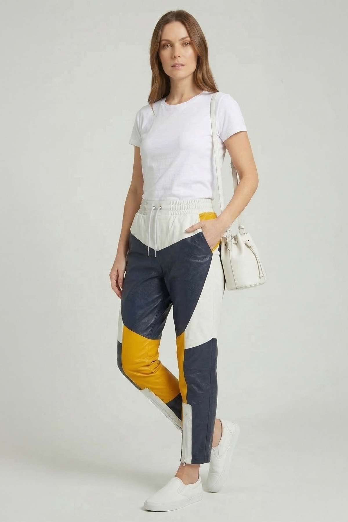 Lacivert Sarı Beyaz Colorblock  Beli Lastikli Bağcıklı Paçası  Fermuarlı Kadın Hakiki Deri Pantolon