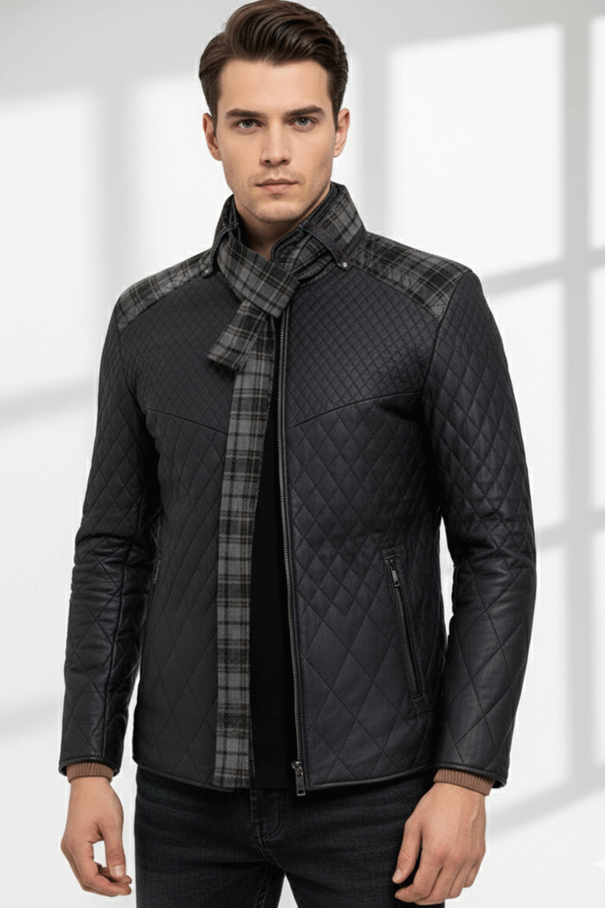 Lacivert Steven Erkek Şallı Kapitone Hakiki Deri Mont