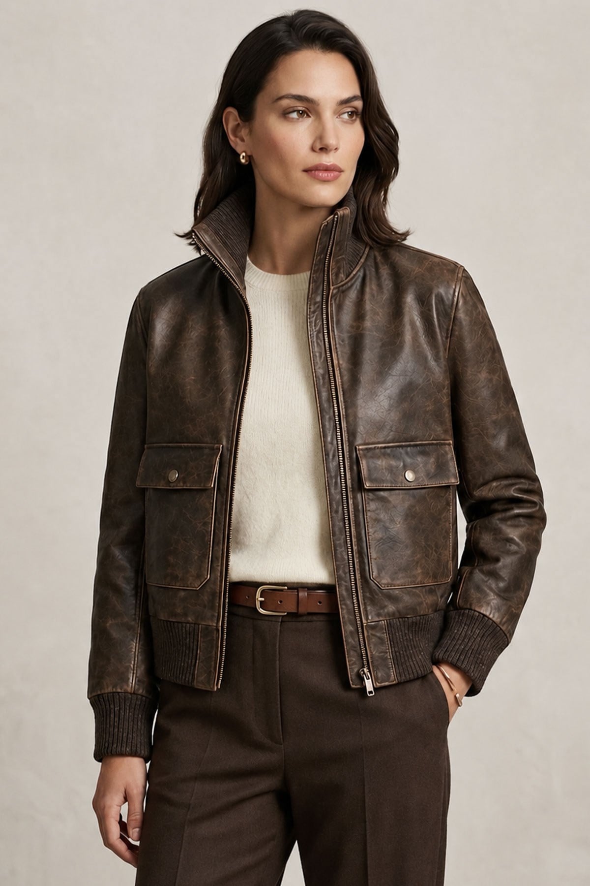 Lara Vintage Kahverengi Hakiki Deri Bomber Ceket