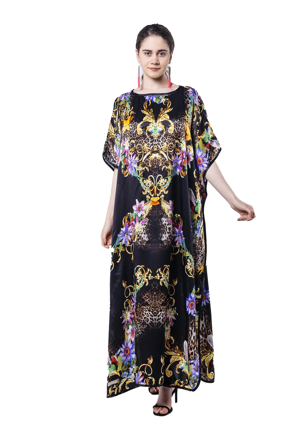 Leopar Çiçek Desenli İpek Elbise