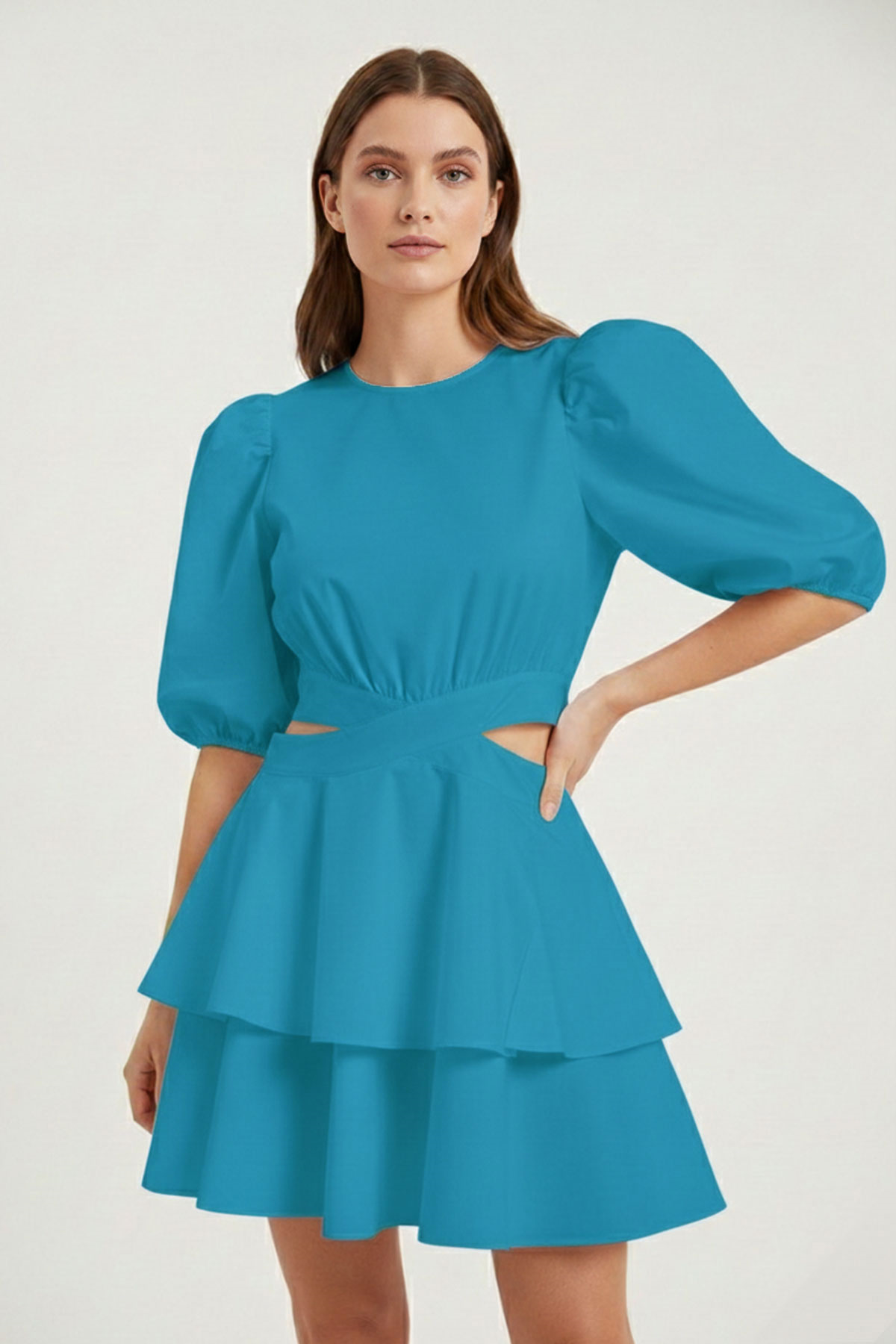 Mavi Bel Dekolteli Kat Volanlı Mini Elbise
