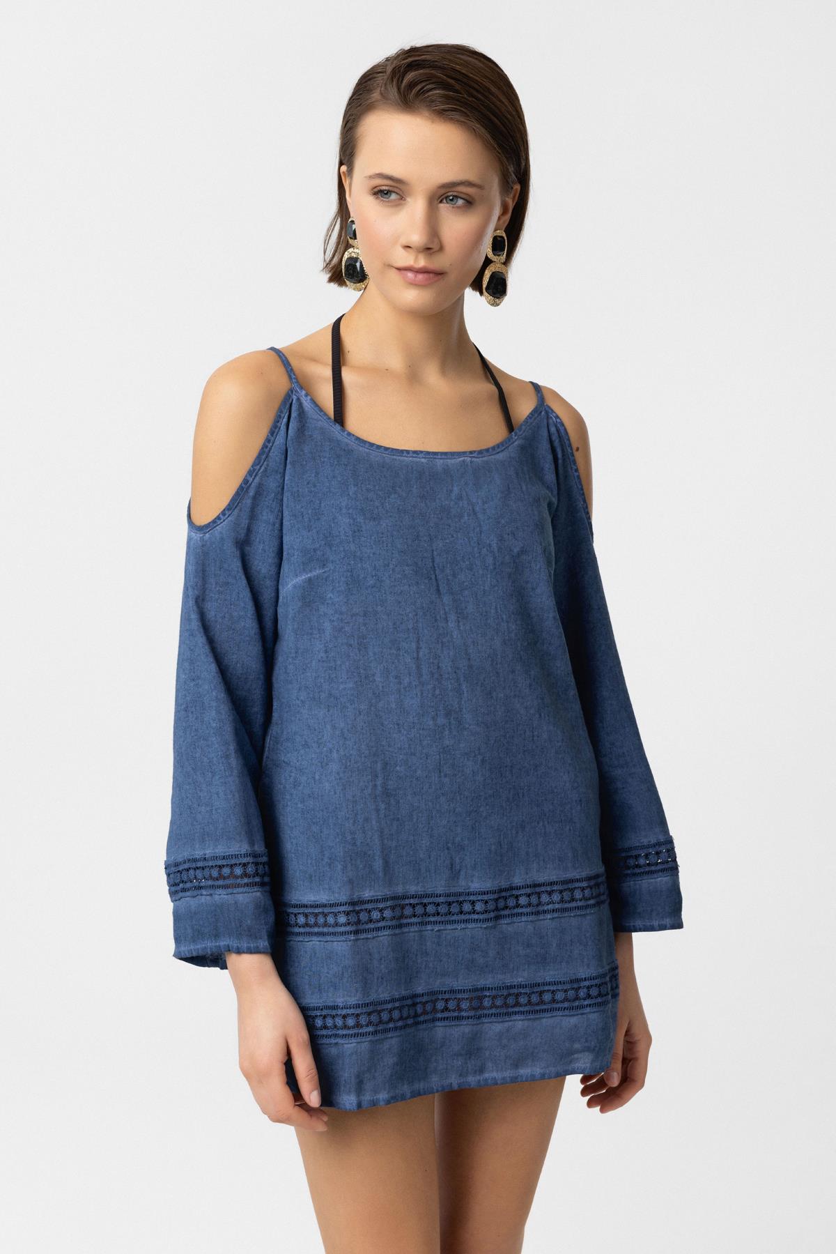 Mavi İnce Askılı Dantel Detaylı Truvakar Kol Pamuklu Gömlek