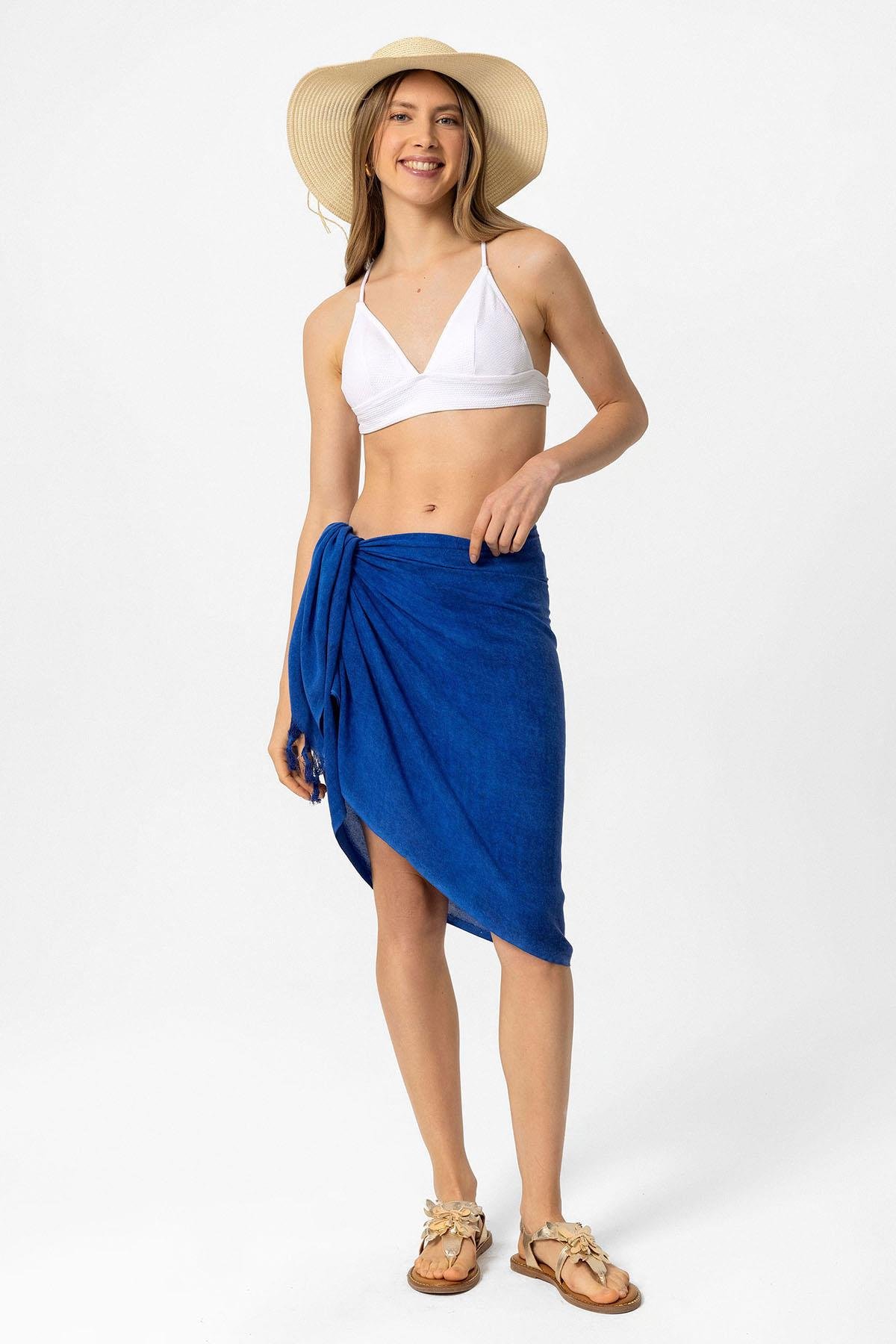 Mavi Şile Bezi Püskül Detaylı Belden Bağlamalı Yazlık Plaj Pamuklu Pareo