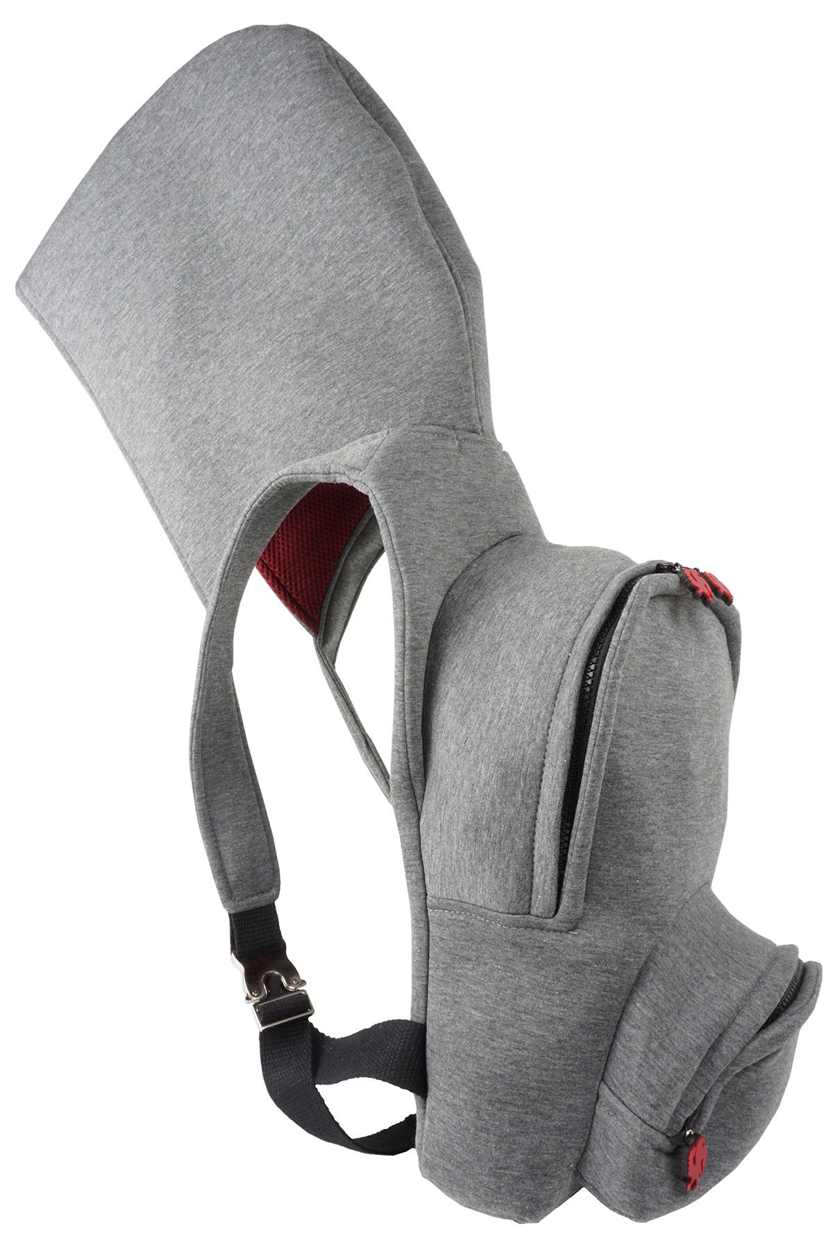 SMALL GREY BURGUNDY HOODED BACKPACK