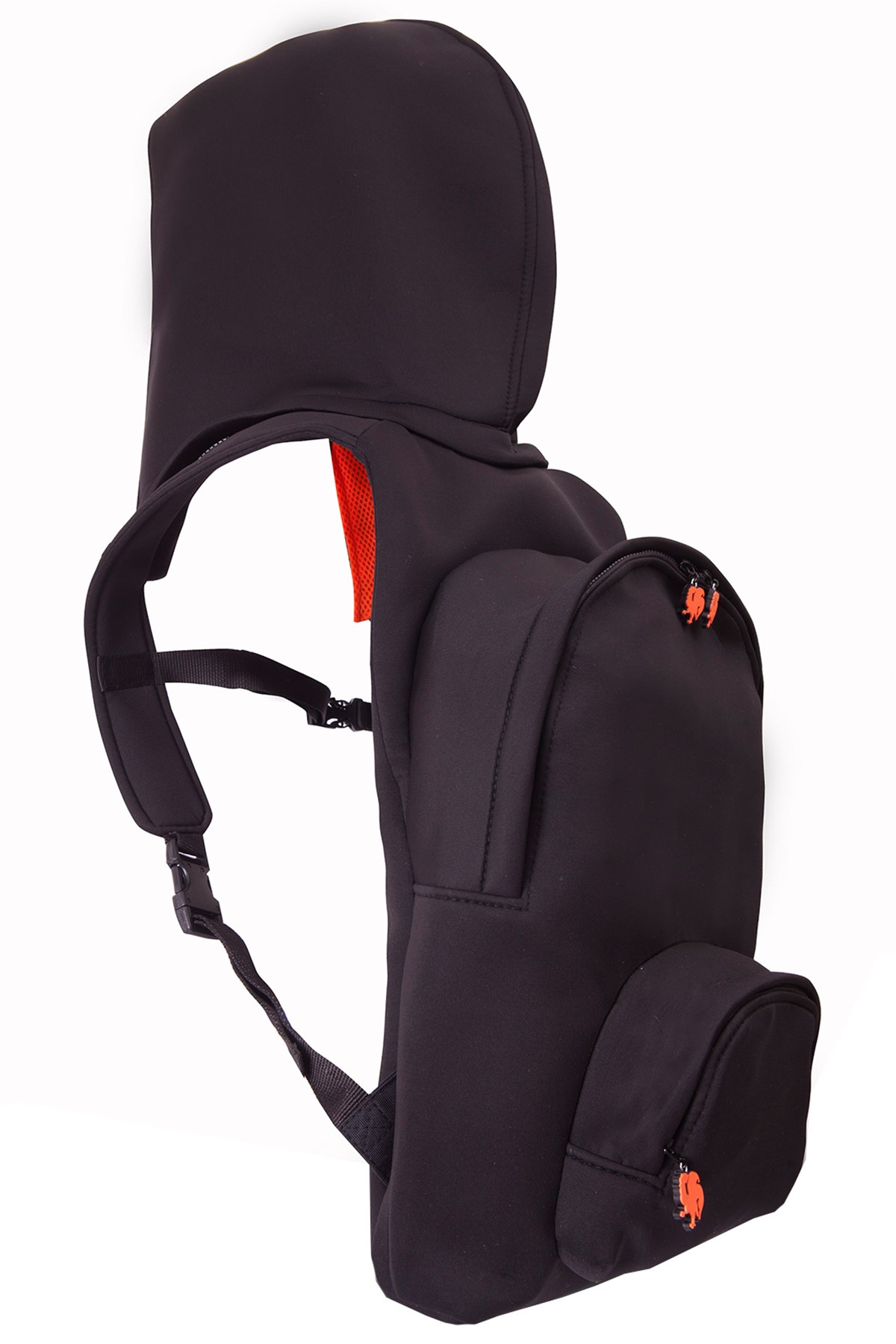 Morikukko Basic Siyah Neon Oranj Kapüşonlu Küçük Sırt Çantası