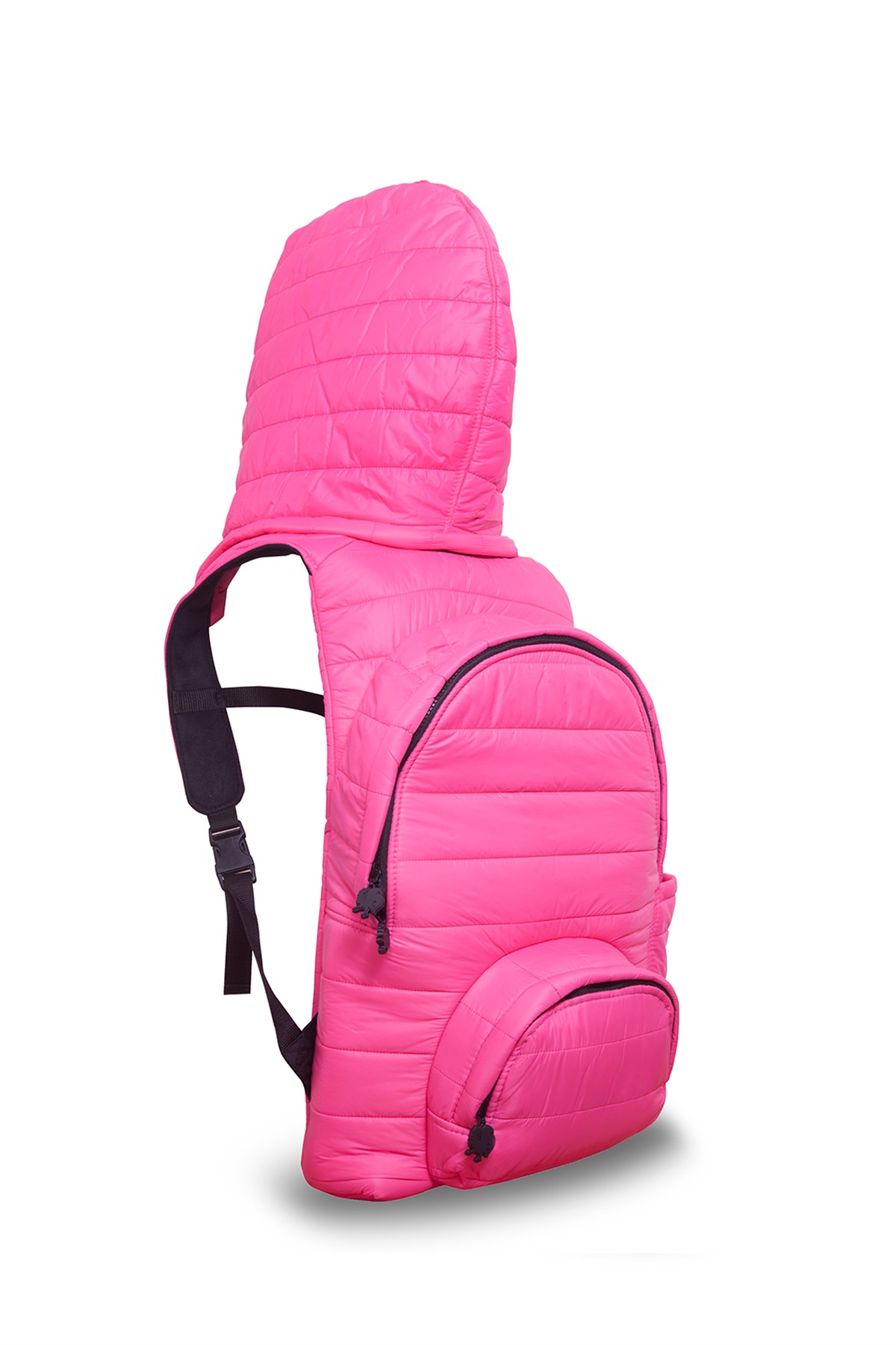 Morikukko Puf Neon Pembe Kapüşonlu Büyük Sırt Çantası
