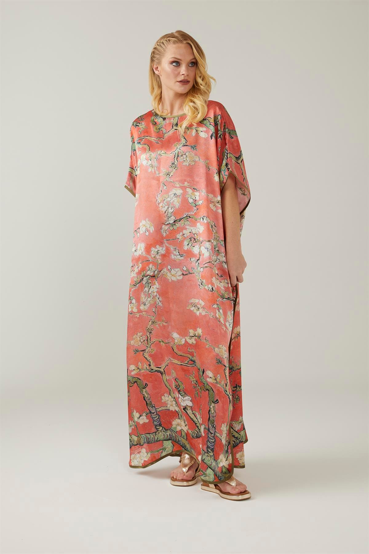 Nar Çiçeği Van Gogh Almond Blossoms Desenli İpek Elbise