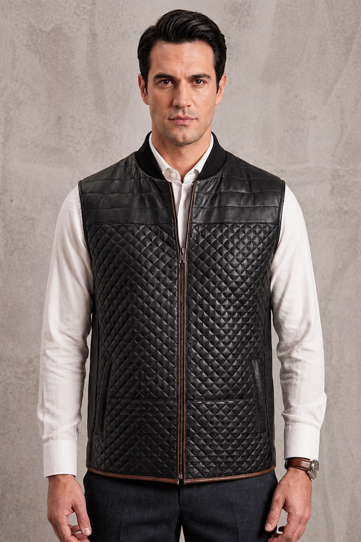 Nigel Black Zipper MenS Leather Vest
