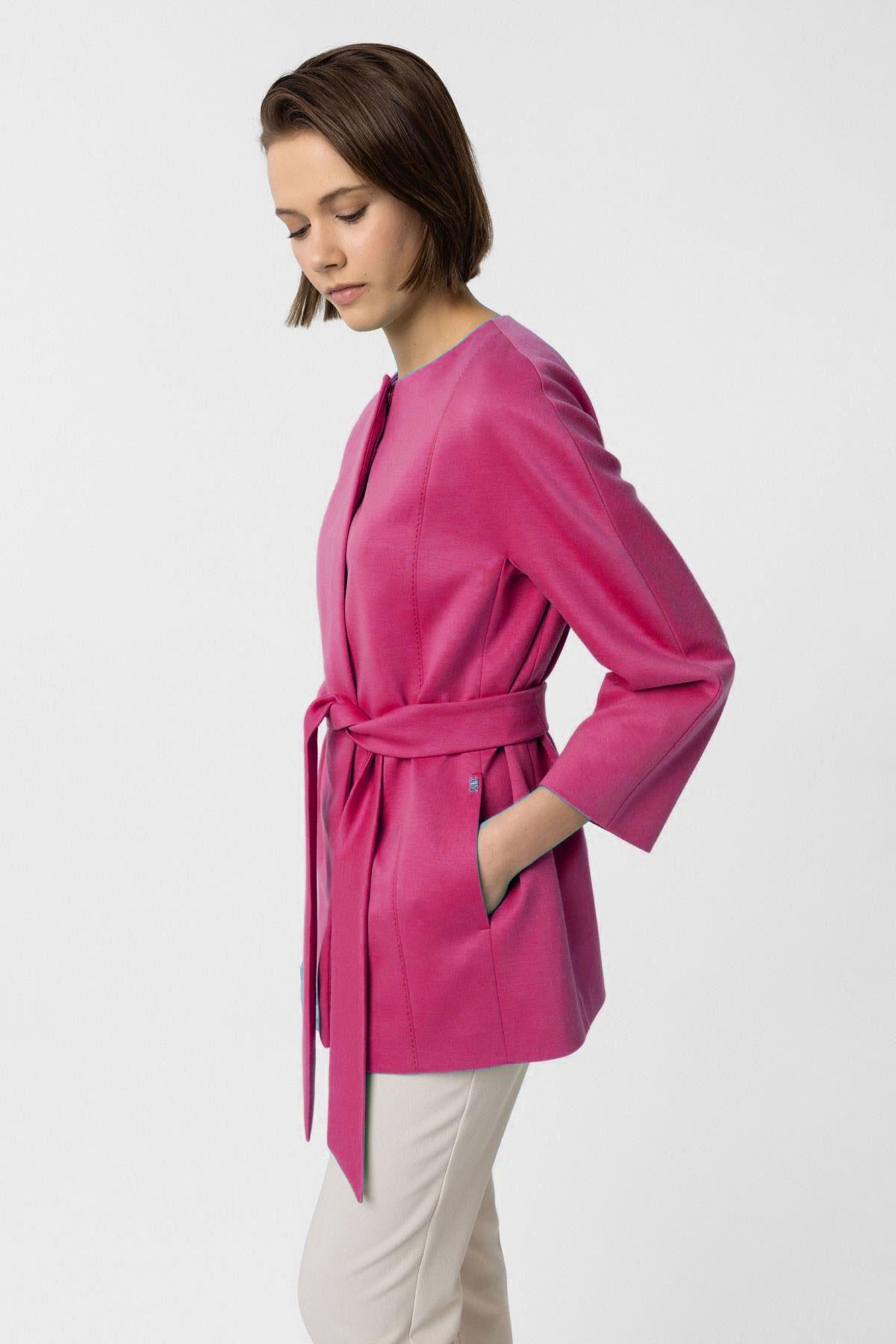 Pembe Jadira Çıt Çıt Kapamalı Kemerli Truvakar Kol Kumaş Kaban