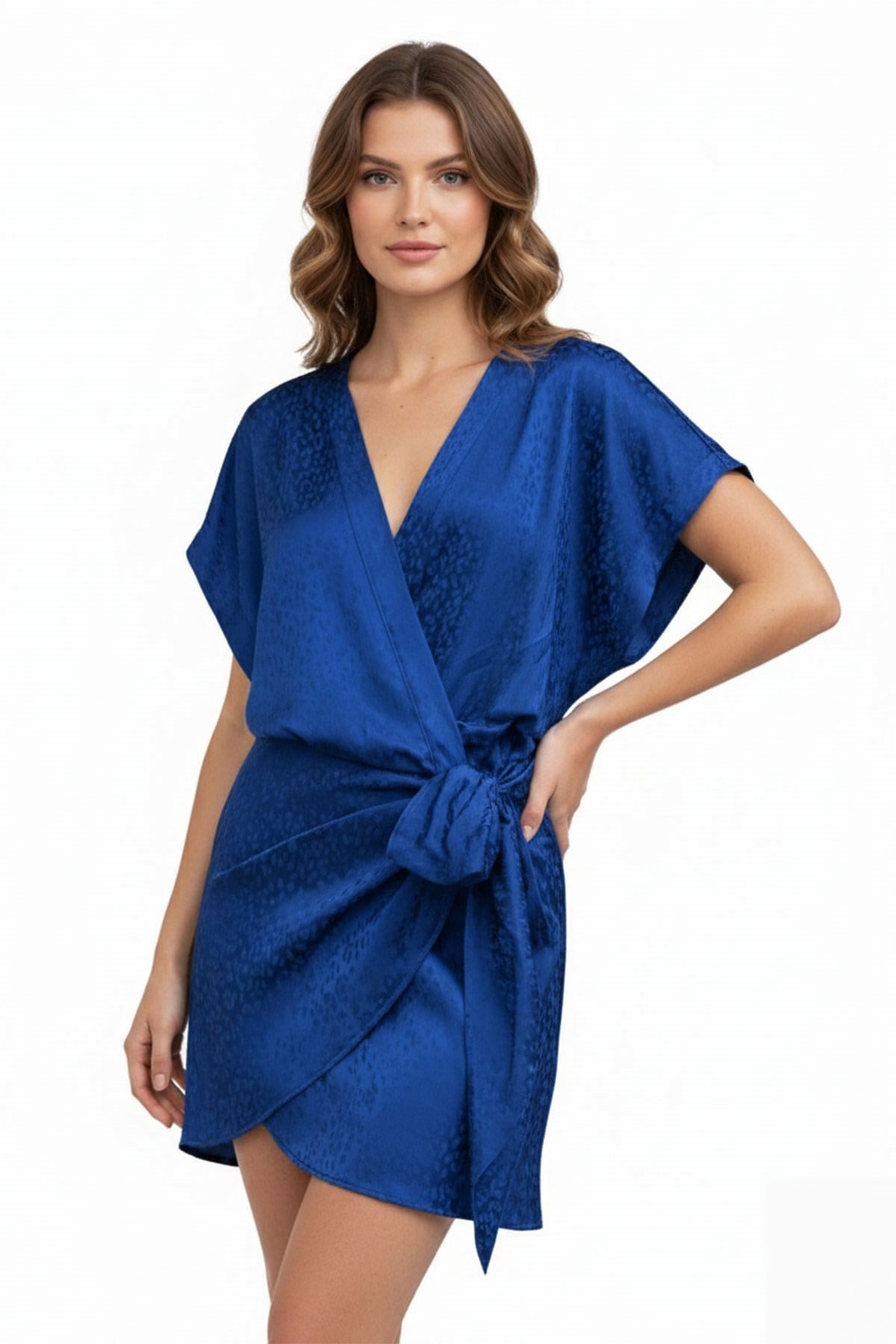 Saks Mavi Desenli Kimono Kollu Belden Bağlamalı Mini Boy Standart Beden Elbise