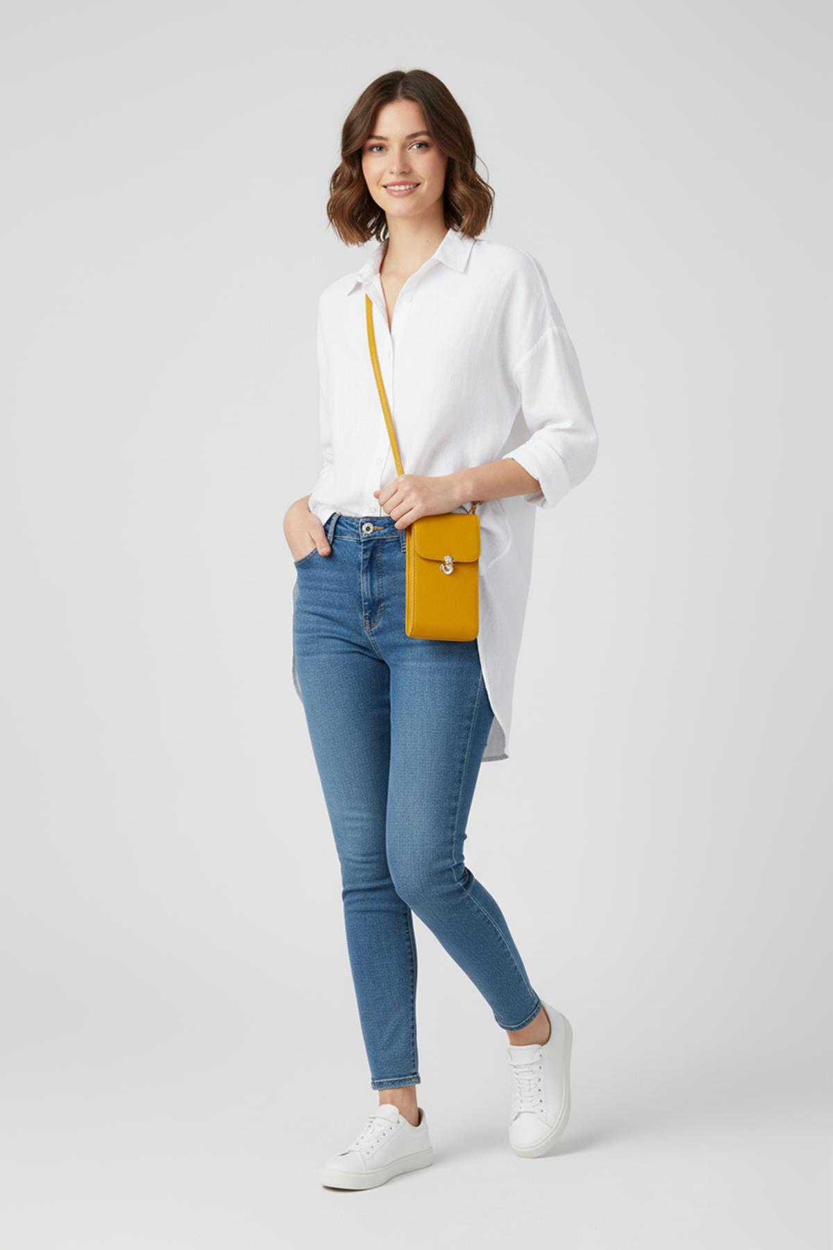 Ayarlanabilir Saplı Telefon ve Kartlık Bölmeli Hakiki Deri Fermuarlı Kadın Cüzdan Çanta