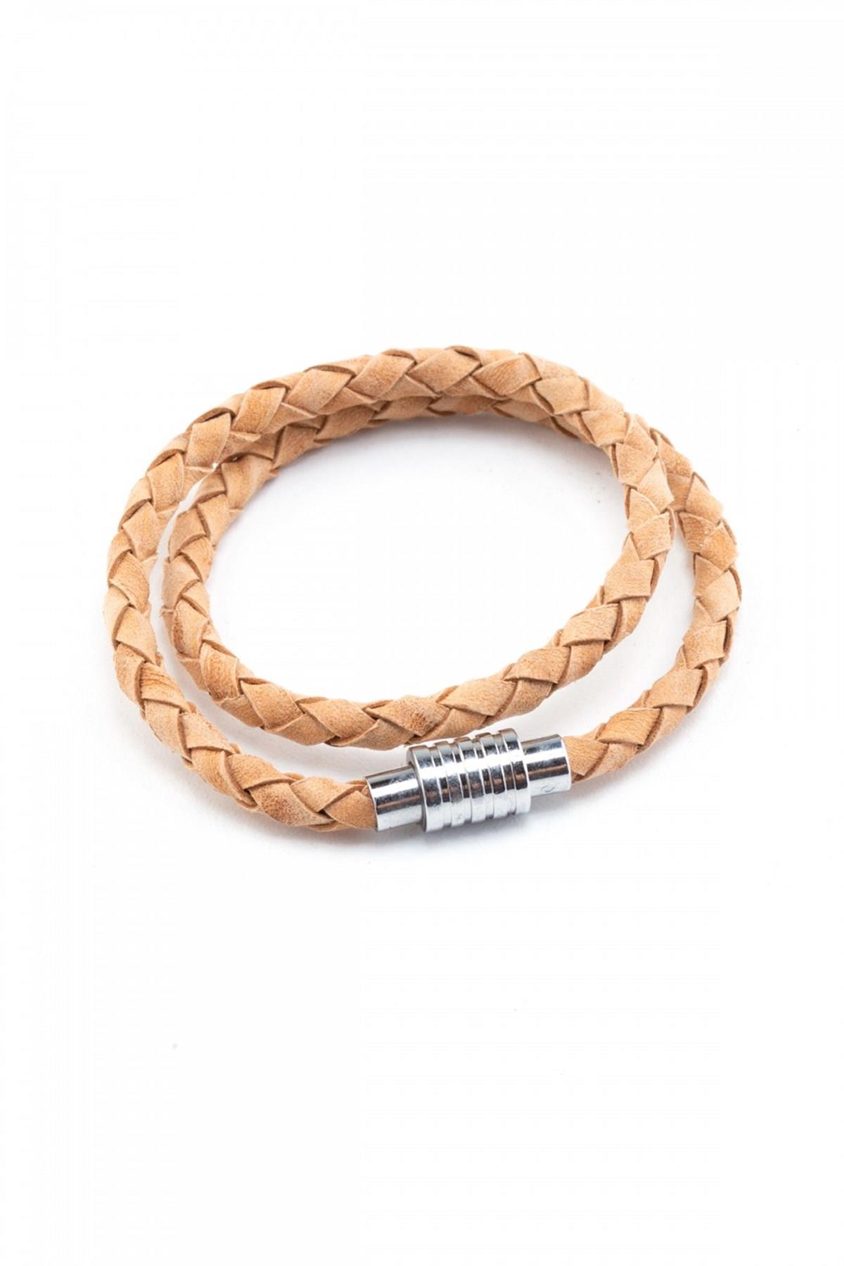 Sarı Hakiki Deri Mıknatıs Kapamalı Örgü Bileklik