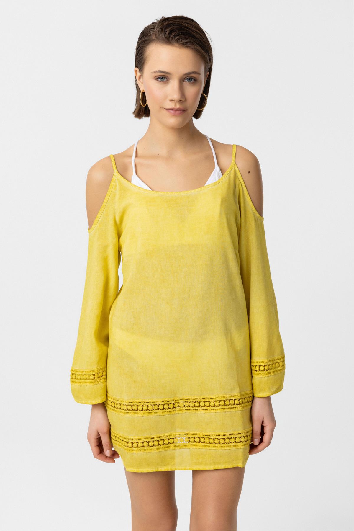 Sarı İnce Askılı Dantel Detaylı Truvakar Kol Pamuklu Gömlek