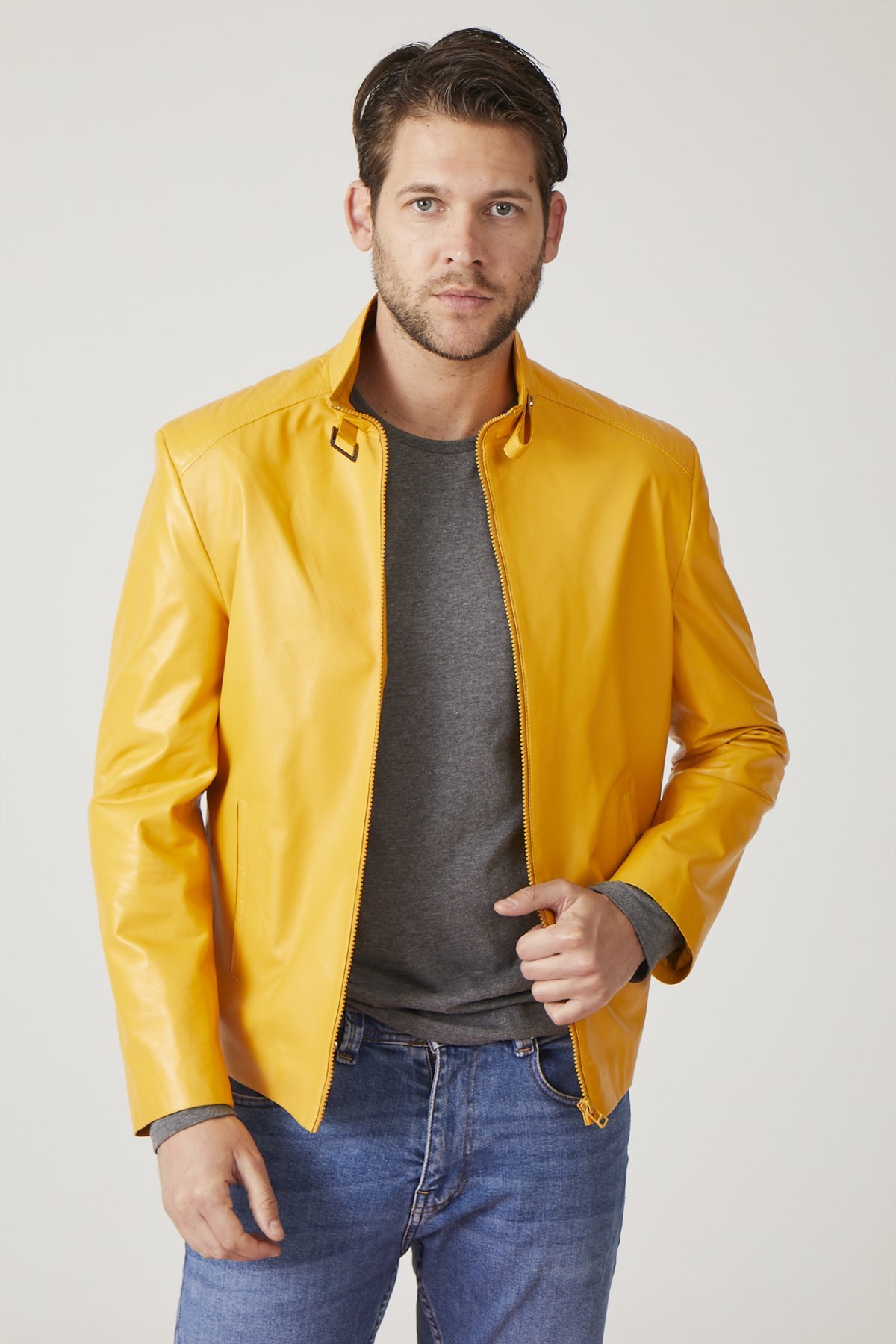 Sarı London Baskılı Erkek Deri Ceket | Gerçek Deri Gerçek Moda | Deriderim