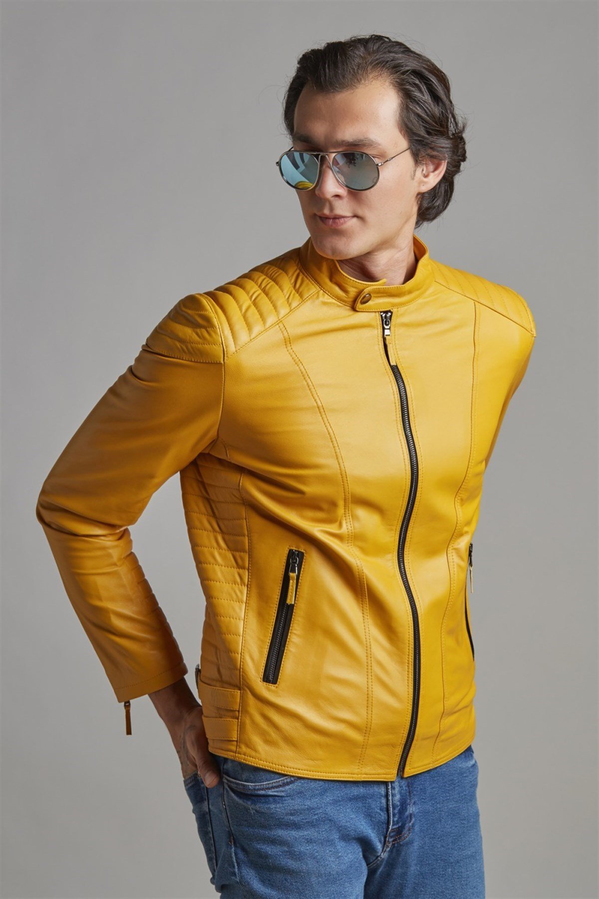 Sarı Luke Erkek Deri Mont | Gerçek Deri Gerçek Moda | Deriderim