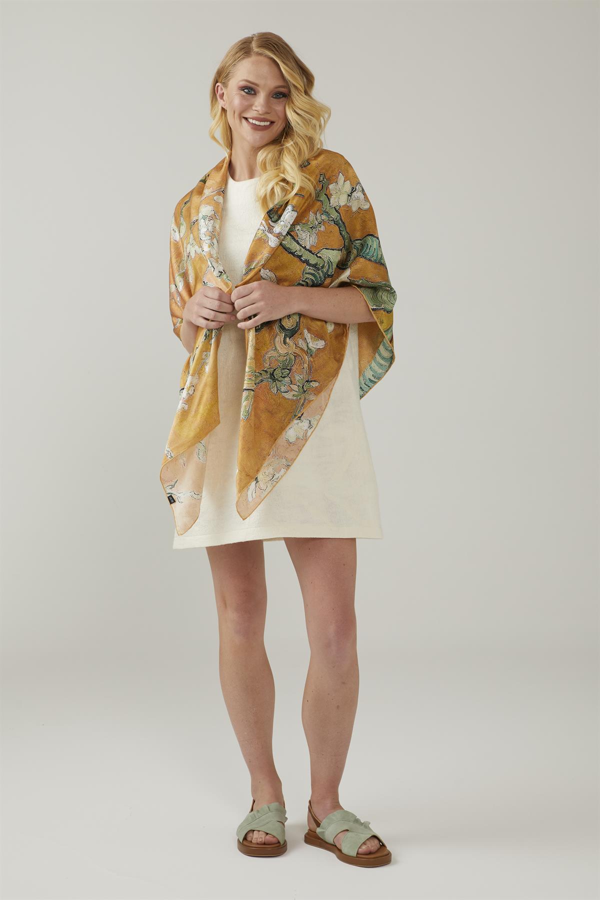 Yellow Van Gogh Almond Blossoms Silk Shawl