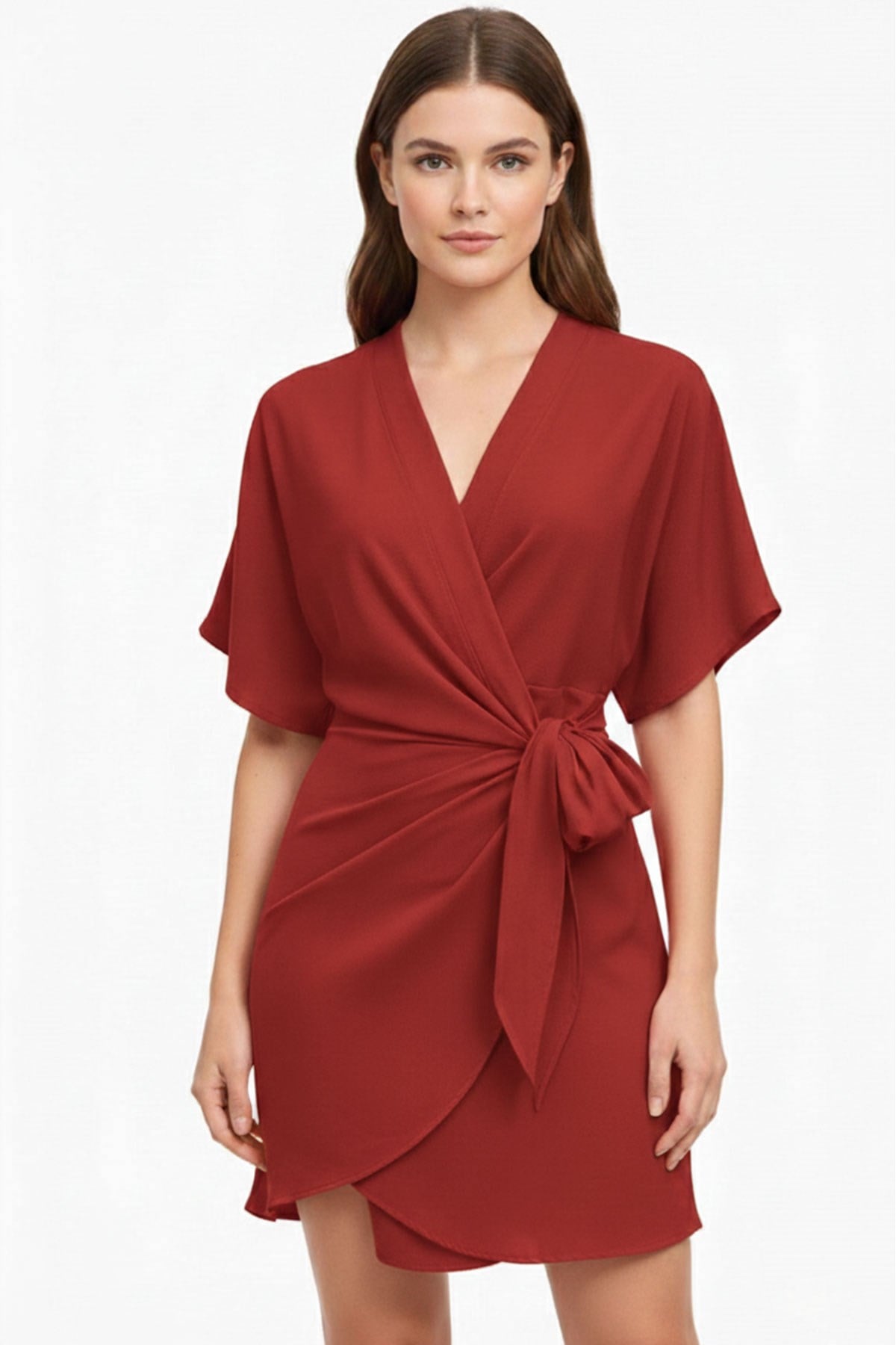 Scarlet Kırmızı Belden Bağlamalı Mini Boy Kimono Kaftan