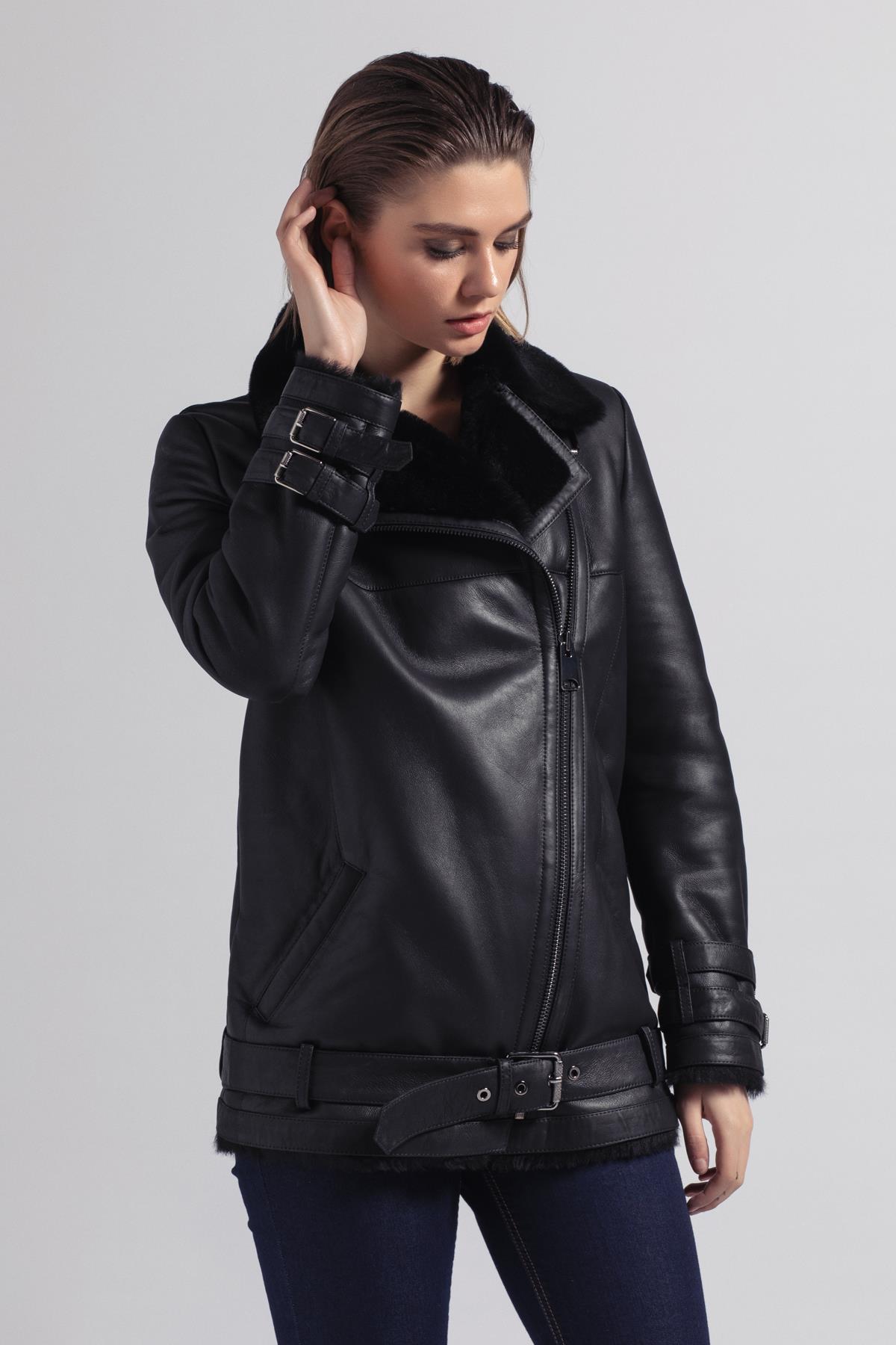 Siyah Beyaz Ivy Kadın Deri Mont