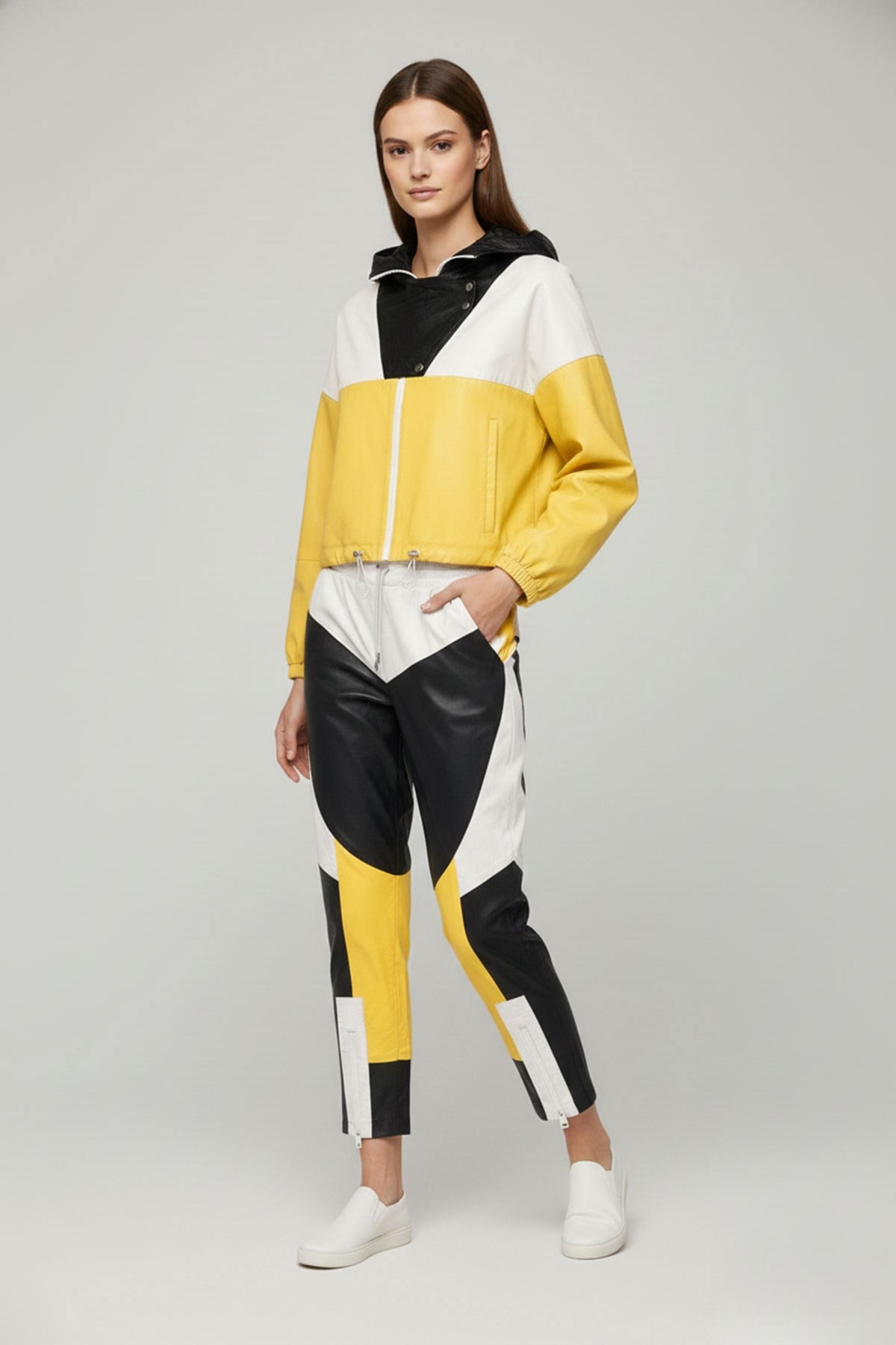 Siyah Beyaz Sarı Colorblock  Beli Lastikli Bağcıklı Paçası  Fermuarlı Kadın Hakiki Deri Pantolon