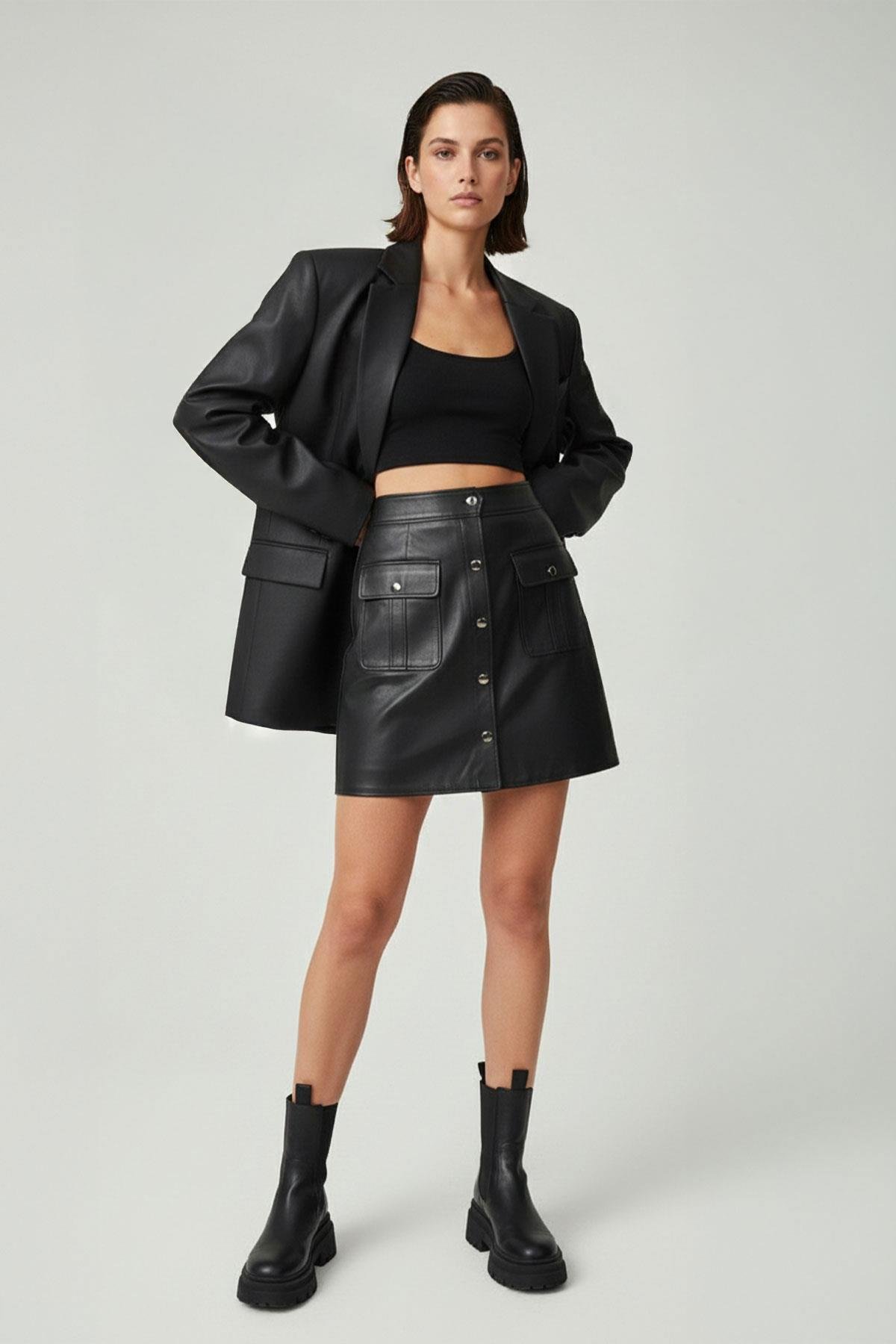 Siyah Düğmeli Cepli Hakiki Deri Etek