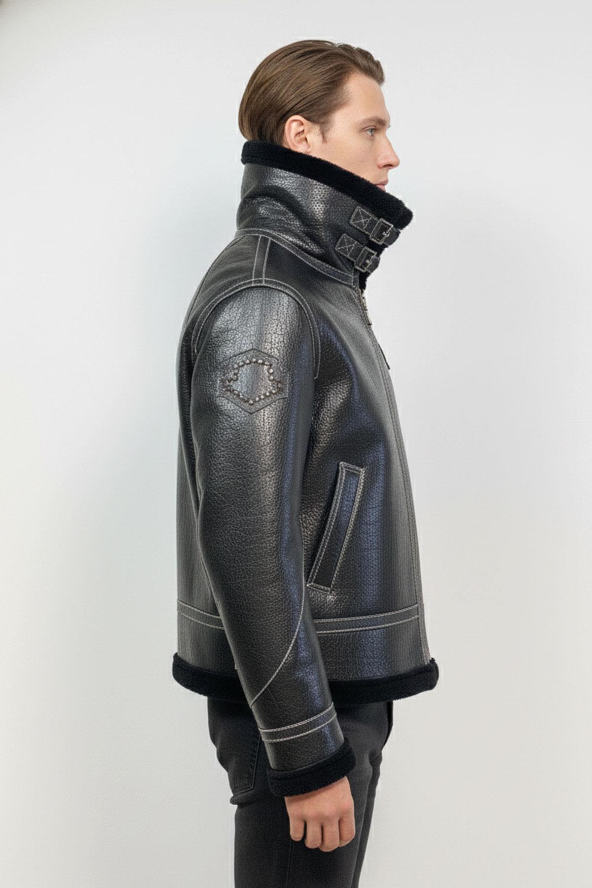 Black Inside Black Feathered Buckle Pocket Unlined Zipper Closure Mens Genuine Fur Coat