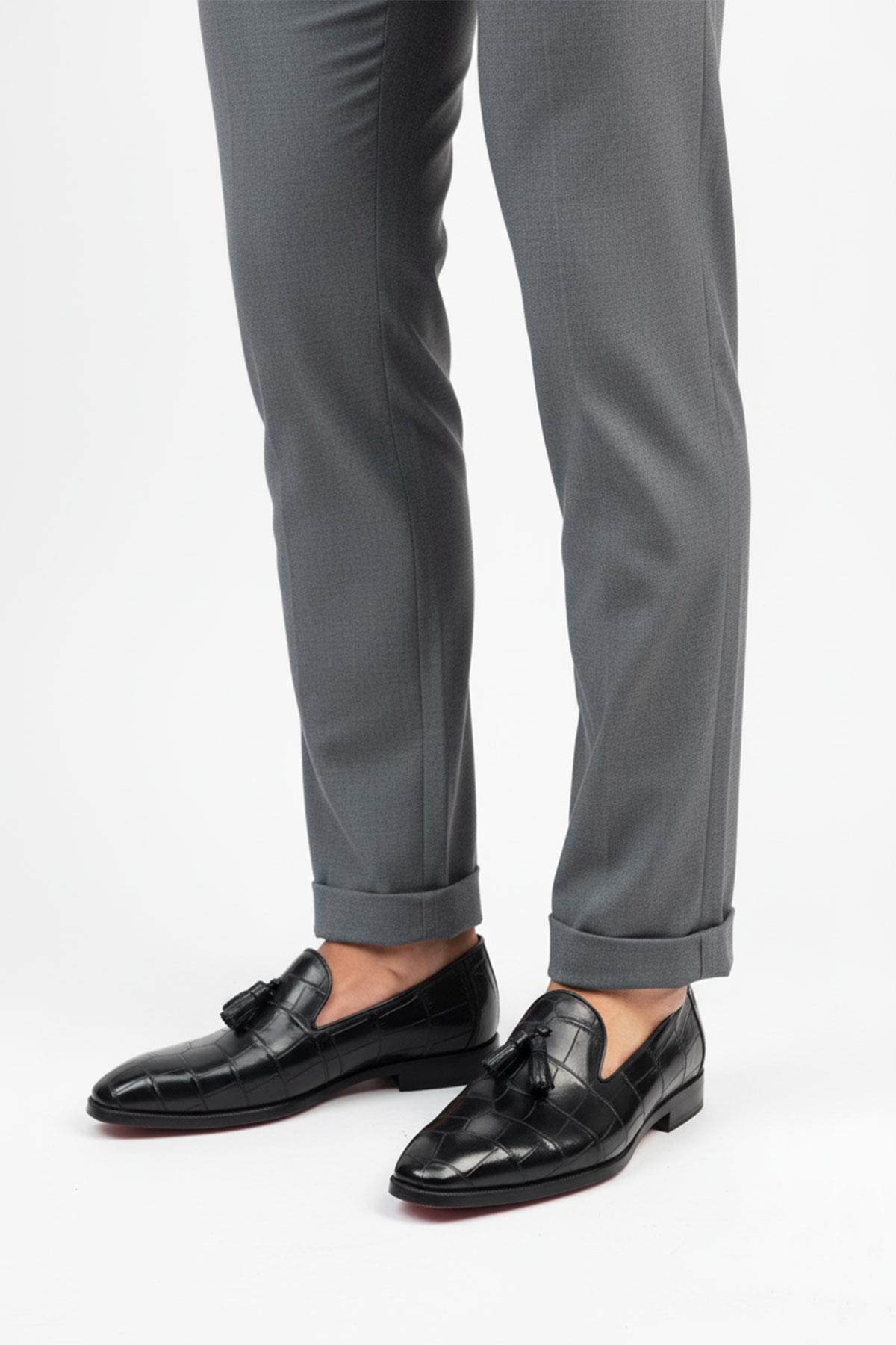 Siyah Kroko Desenli Püsküllü Klasik Erkek Ayakkabı