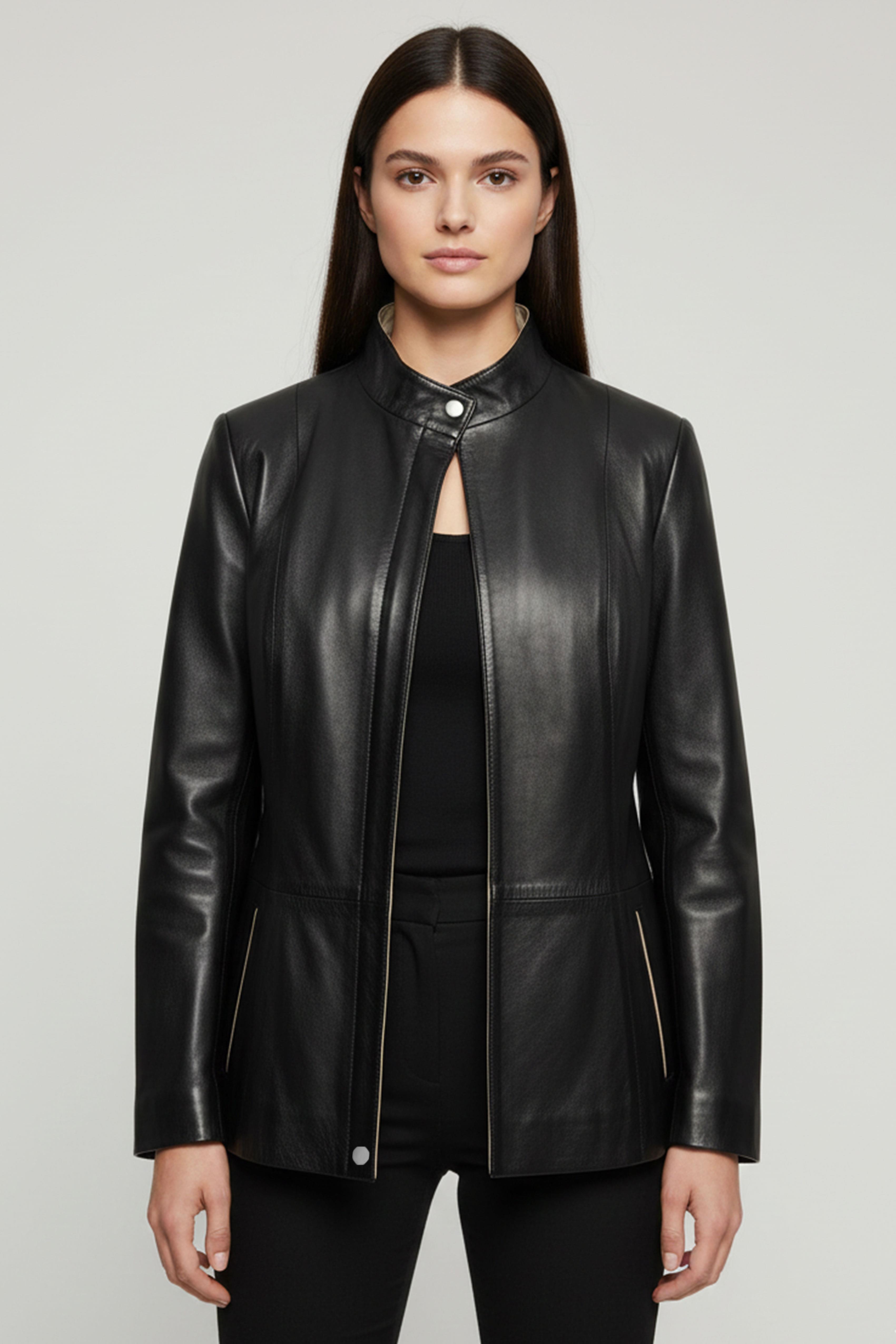 Siyah Lauretta Fermuarlı Bej Garnili Hakim Yaka Geniş Kesim Astarlı Kadın Hakiki Deri Kaban