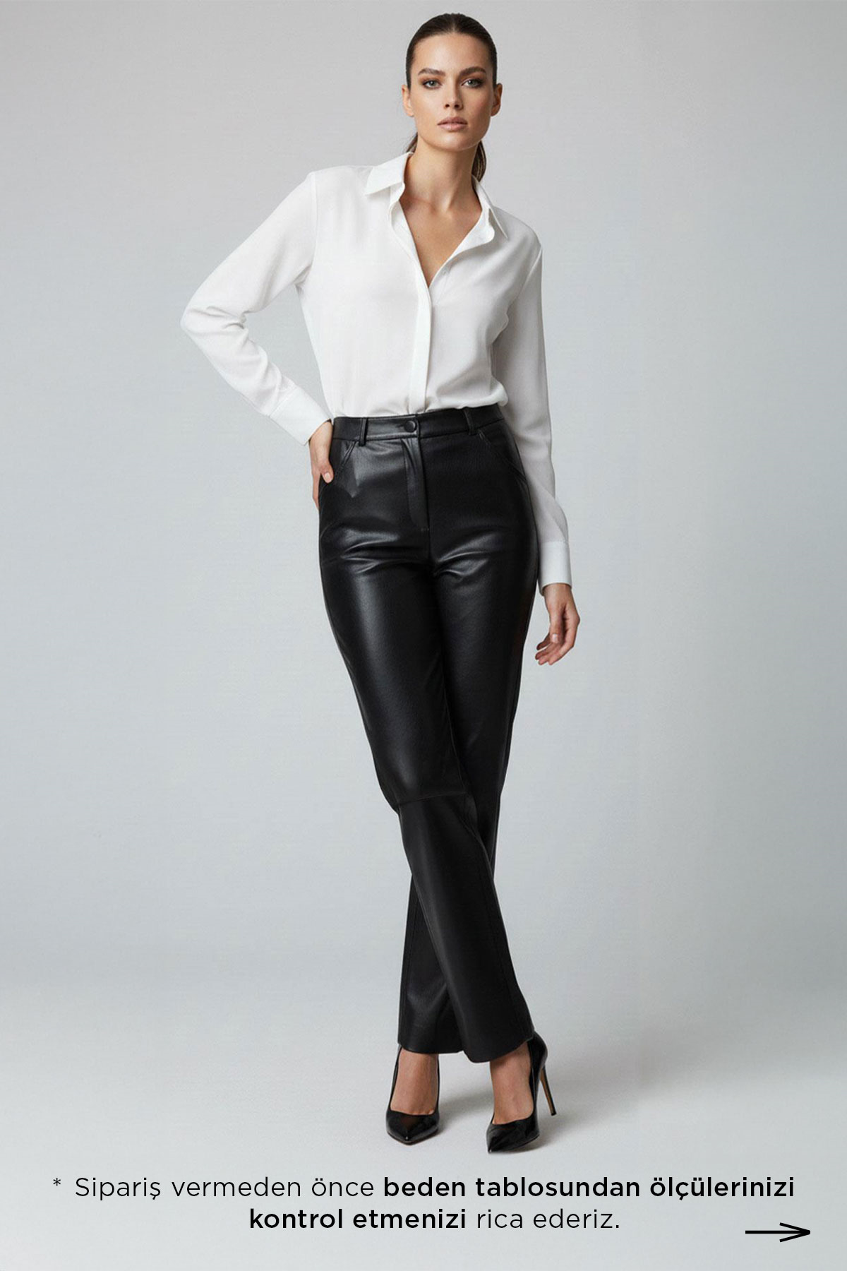 Siyah Lora Normal Bel Düz Paça Kadın Hakiki Deri Pantolon