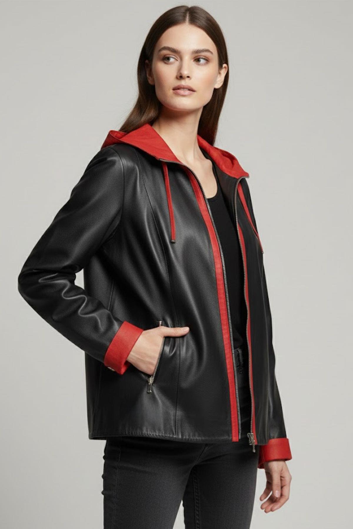 Siyah Marc Fermuarlı Geniş Kesim Kadın Hakiki Deri Mont