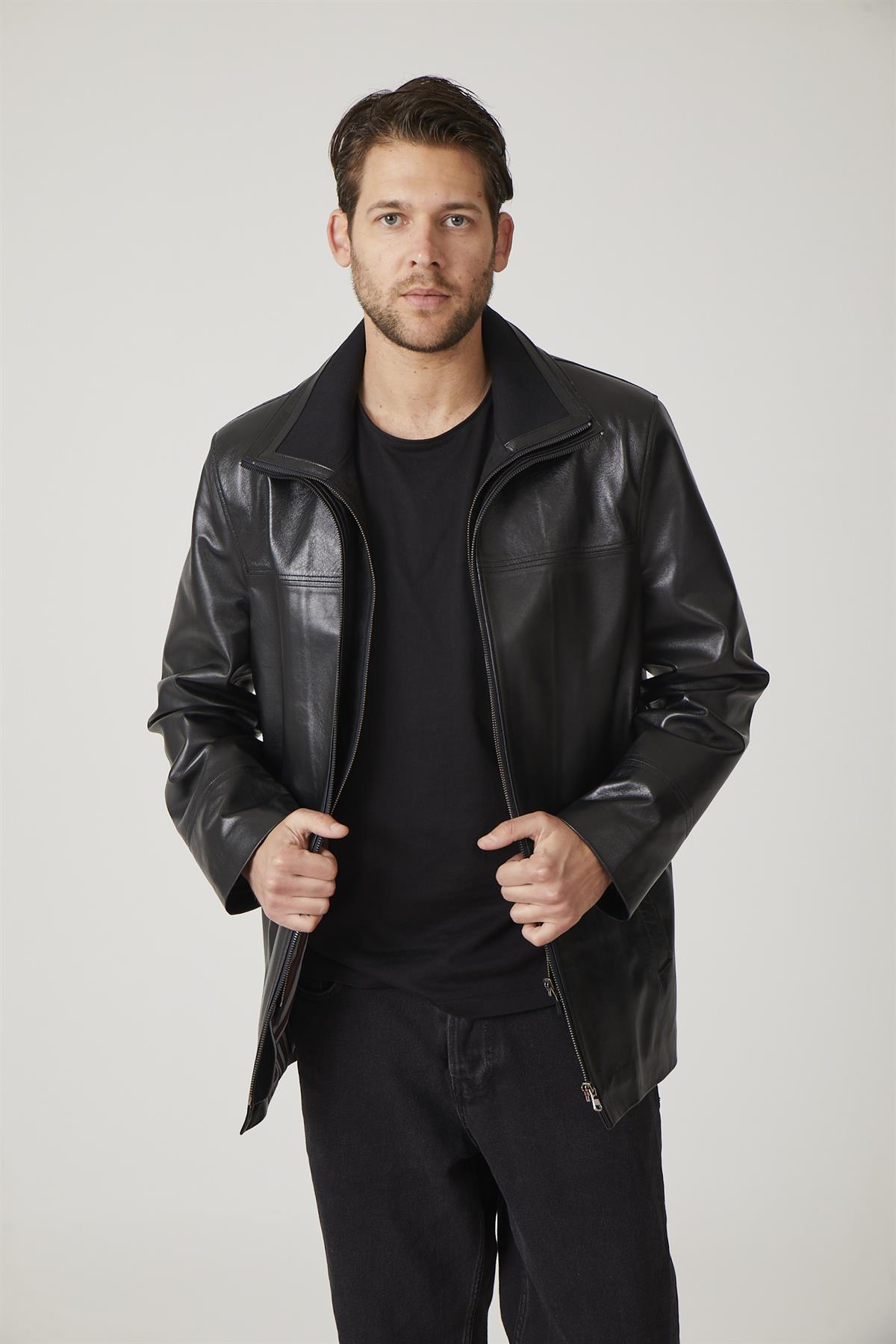 Siyah Sheldon Fermuarla çıkabilir Triko Yakalı Fermualı kapama Bol Kesim Hakiki Erkek Deri Kaban