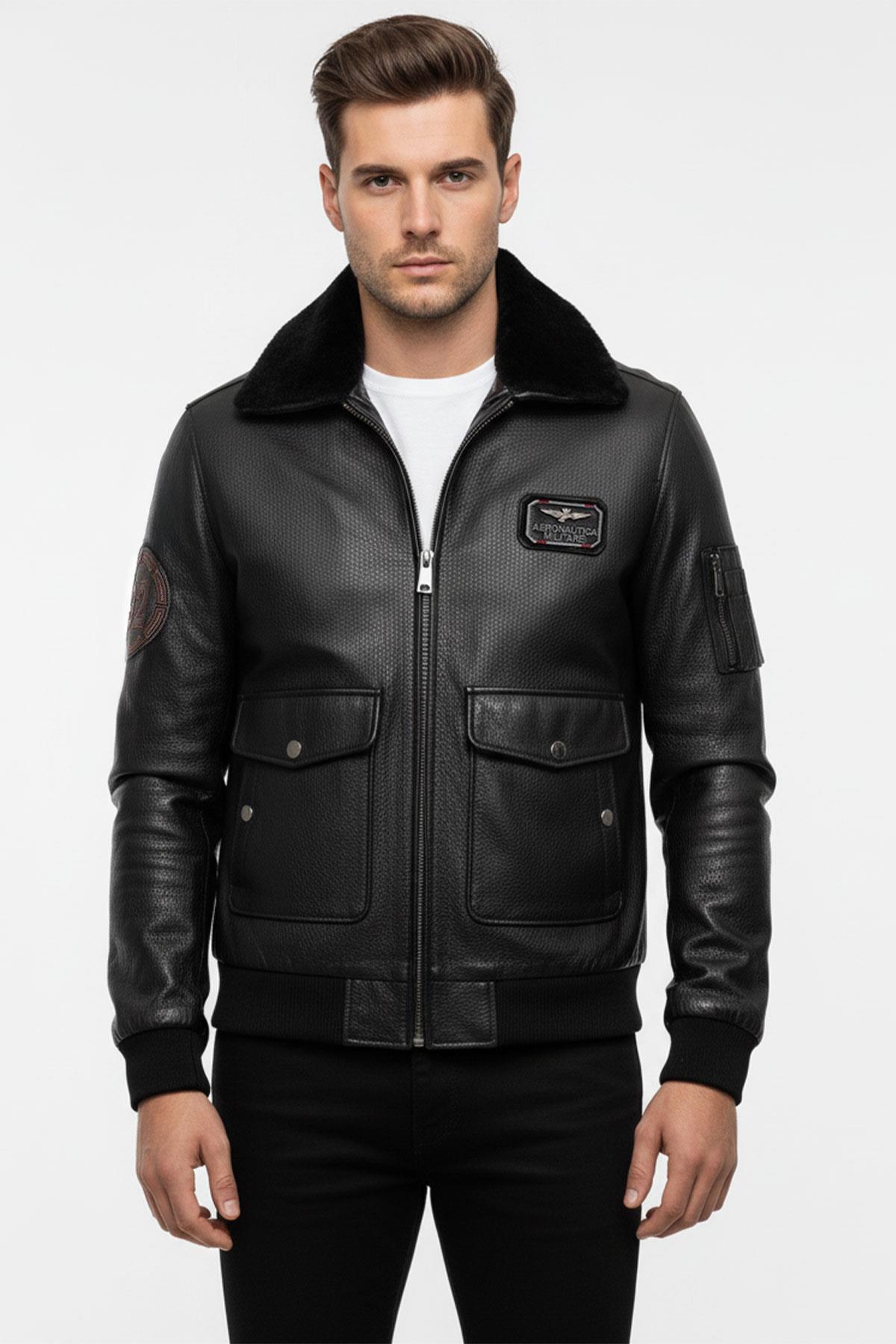 Siyah Top Gun Yaka Kürklü Erkek Hakiki Deri Mont